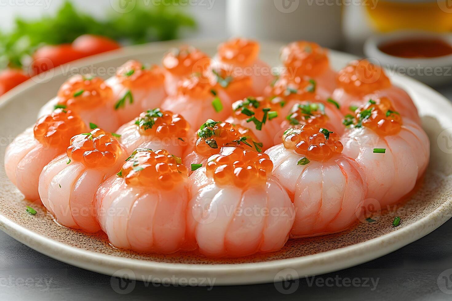 Elegant Sushi Presentation with Salmon Roe Garnish for Culinary Inspiration photo