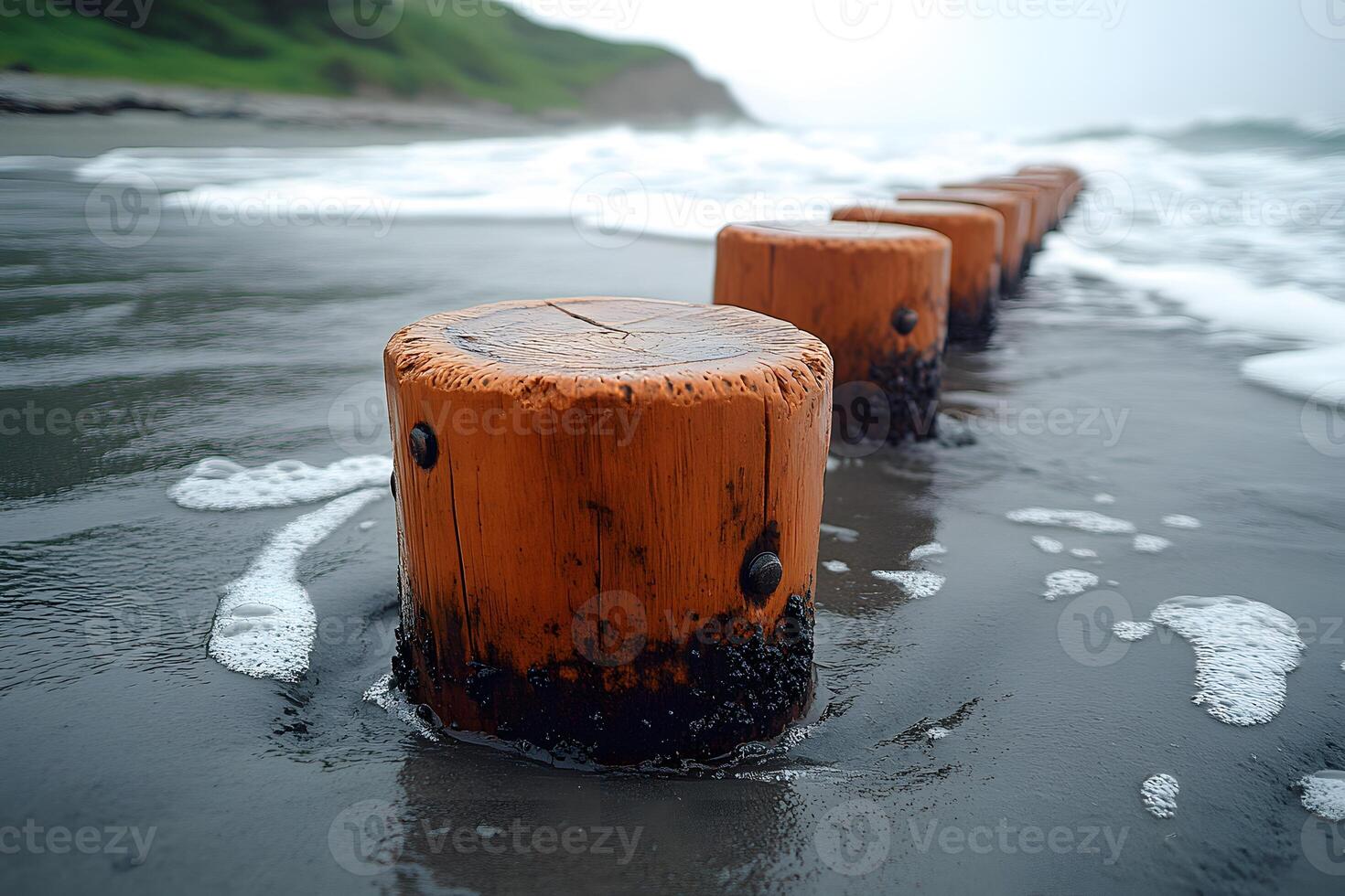 Coastal Wooden Posts on Misty Beach Nature, Ocean, Waves, and Serenity photo