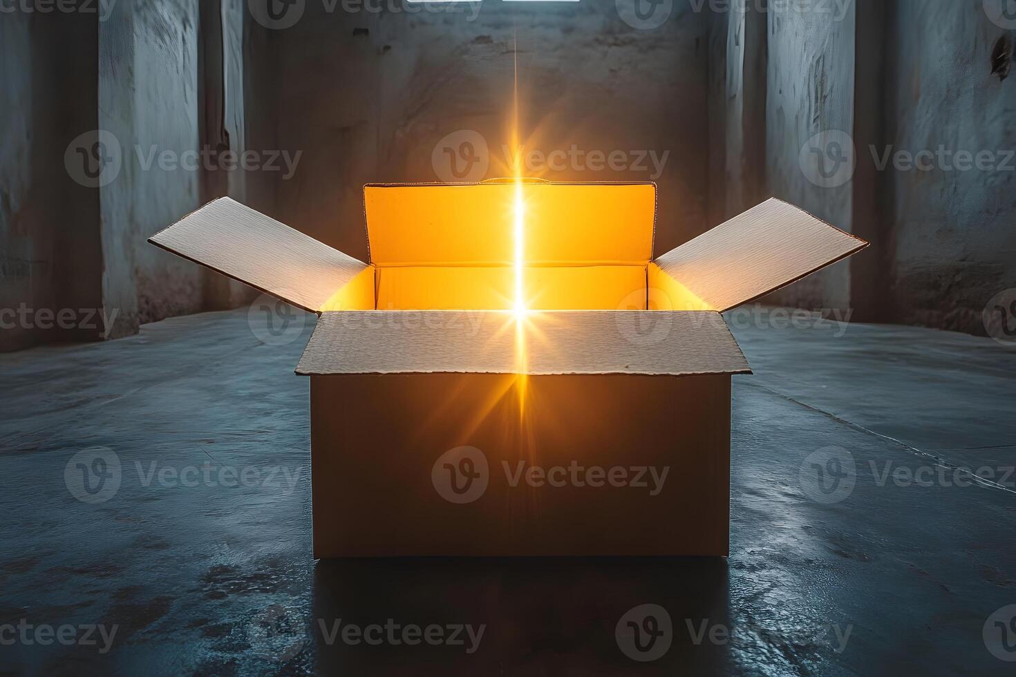 Mysterious Glowing Box in Dimly Lit Industrial Space for Conceptual Design photo