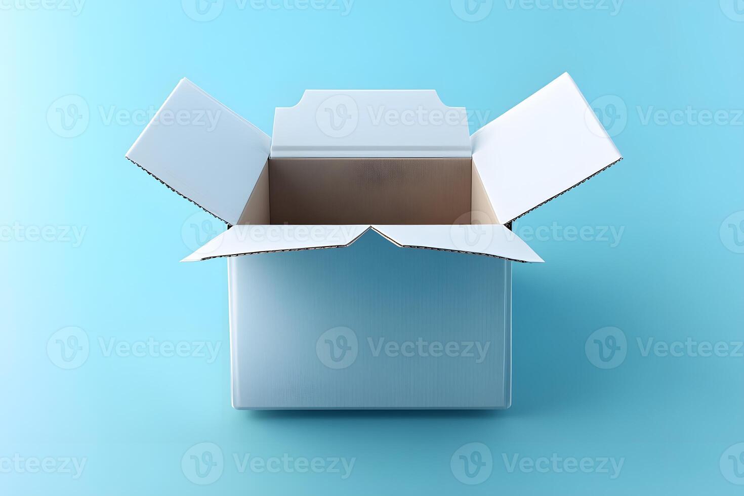 Open Cardboard Box on Blue Background for Shipping and Packaging Concepts photo