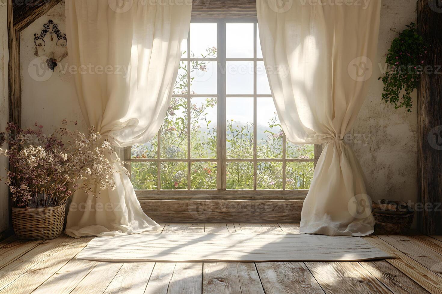 Tranquil Sunlit Interior with Rustic Window and Flowing Curtains for Home Decor Inspiration photo