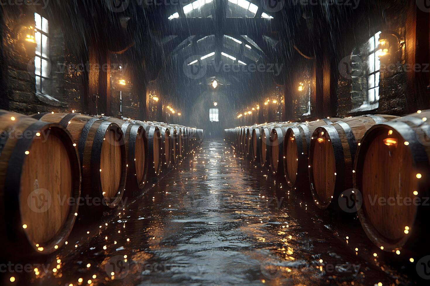 Atmospheric Wine Cellar with Rustic Wooden Barrels Illuminated by Warm Lights photo