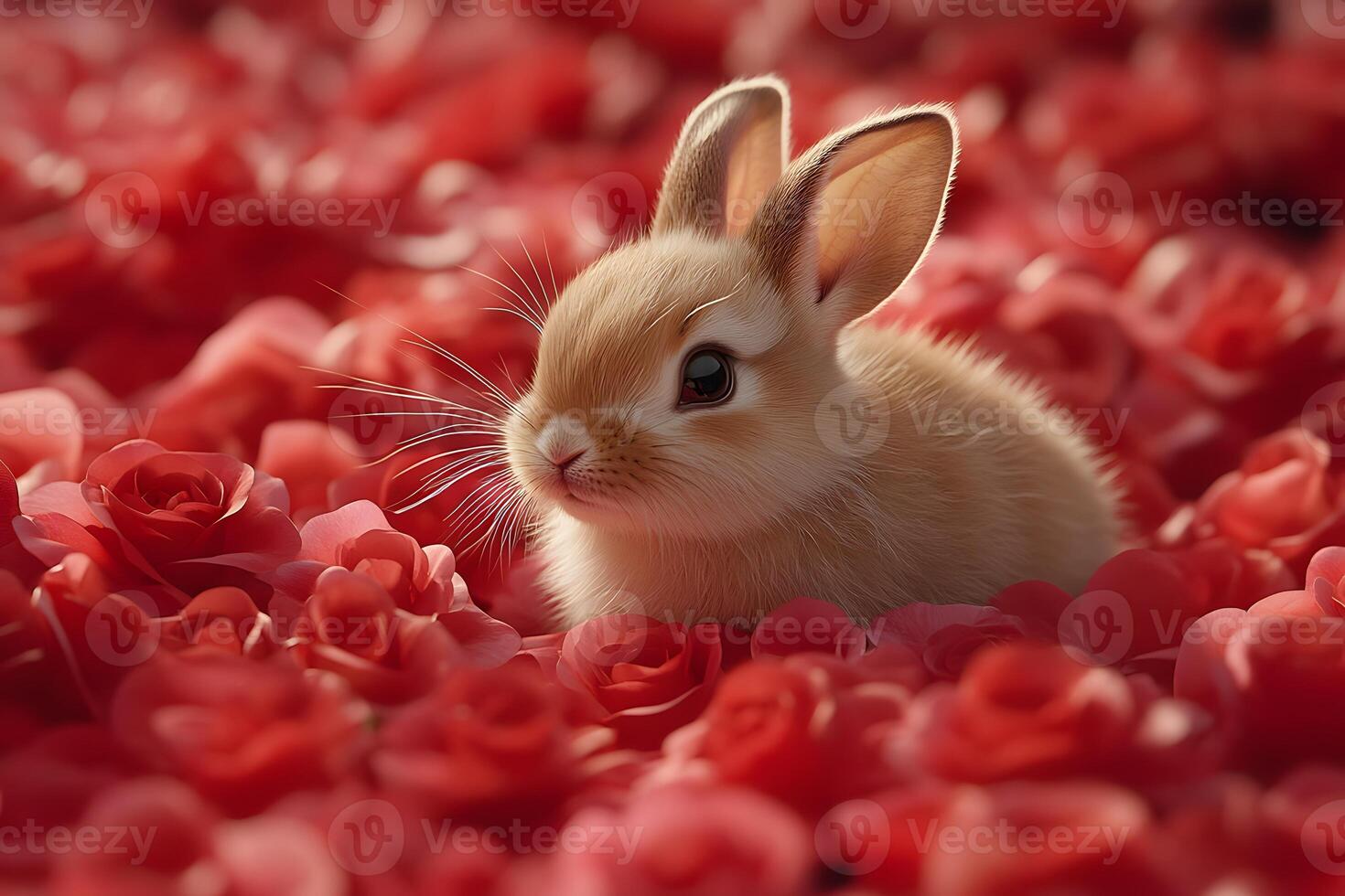 Adorable Baby Bunny Among Vibrant Roses - Cute Pet Photography for Greeting Cards photo