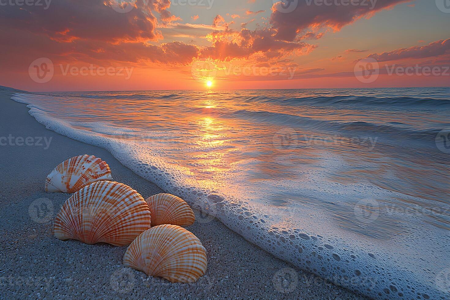 Tranquil Beach Sunset with Seashells at the Shoreline for Coastal Decor Art photo