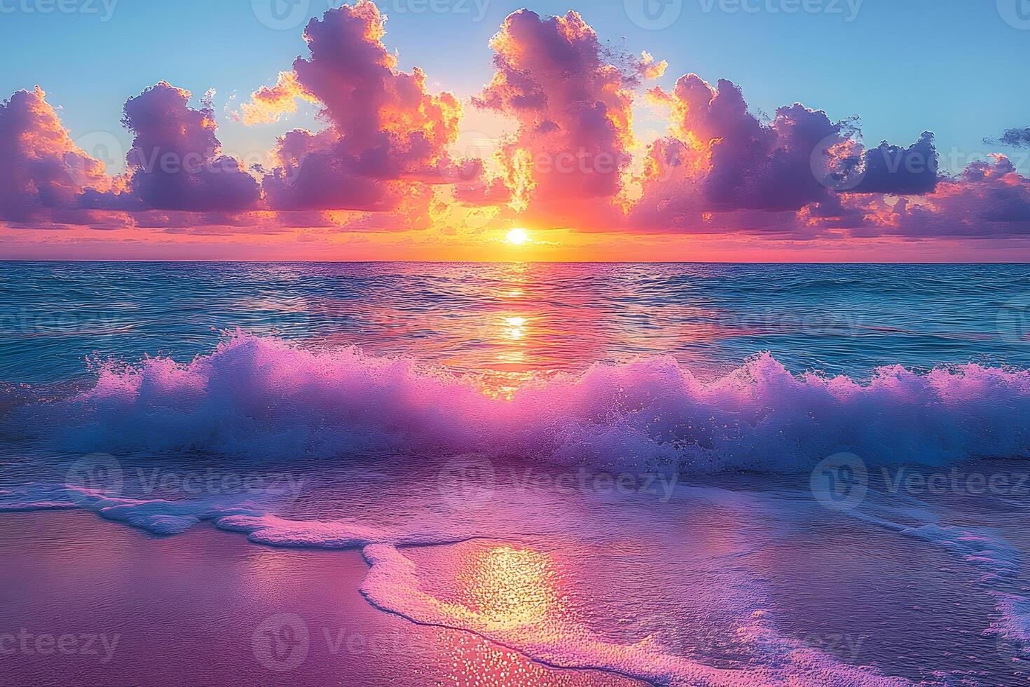 Vibrant Pink Sunset Over Ocean Waves Tranquil Beach Scene for Wall Art or Card Design photo