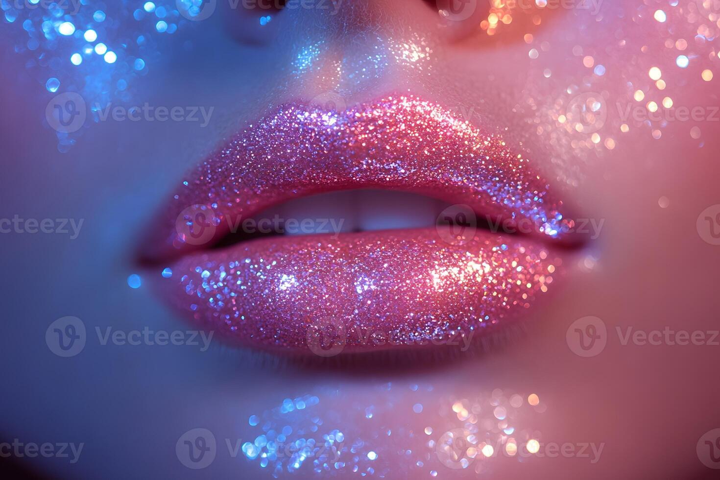 Glamorous Glitter Lips with Sparkling Makeup for Creative Editorial Design photo