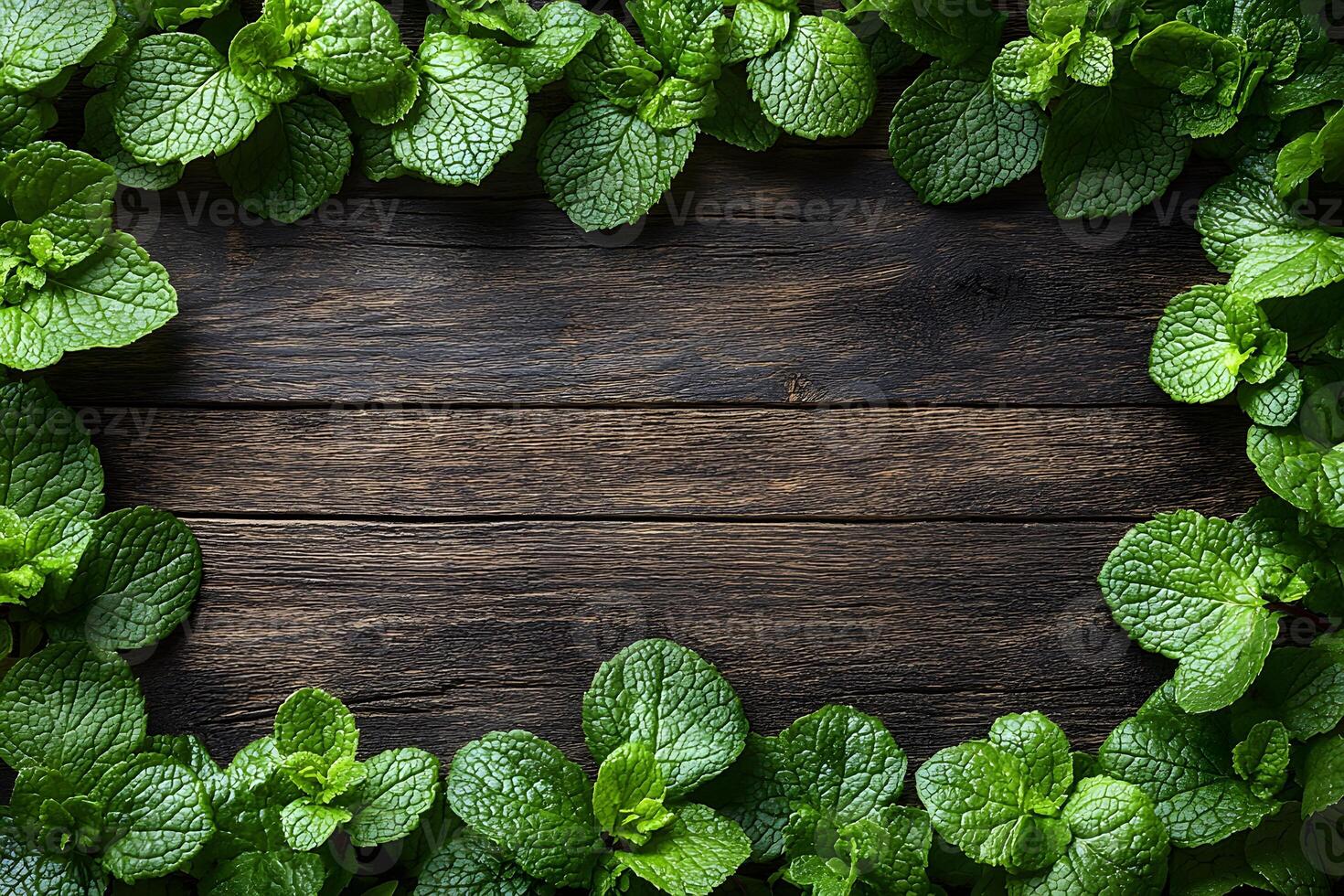 Fresh Mint Leaves Frame on Rustic Wooden Background for Culinary Design photo