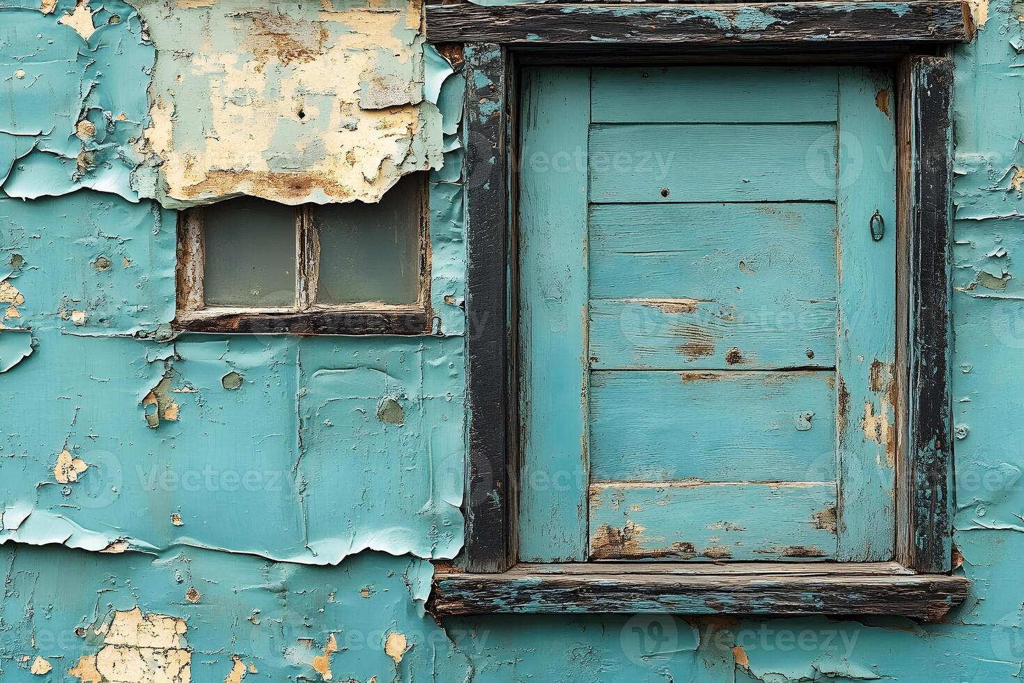 Vintage Weathered Door and Window on Peeling Turquoise Wall for Rustic Design and Texture Inspiration photo