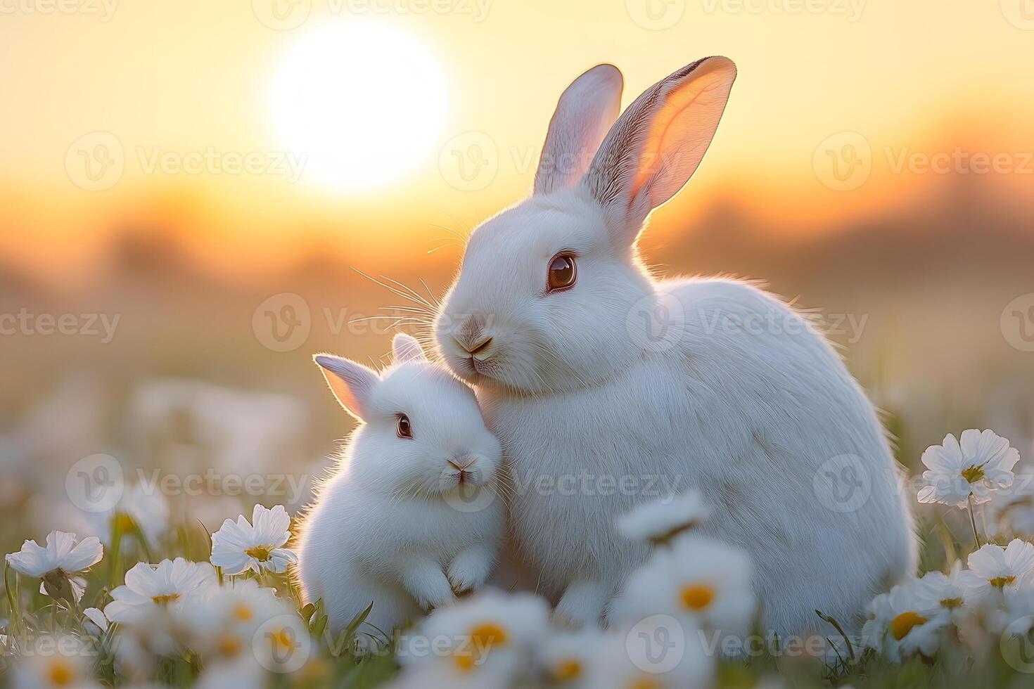 Easter Bunny Family in Spring Meadow During Golden Sunset for Seasonal Design photo