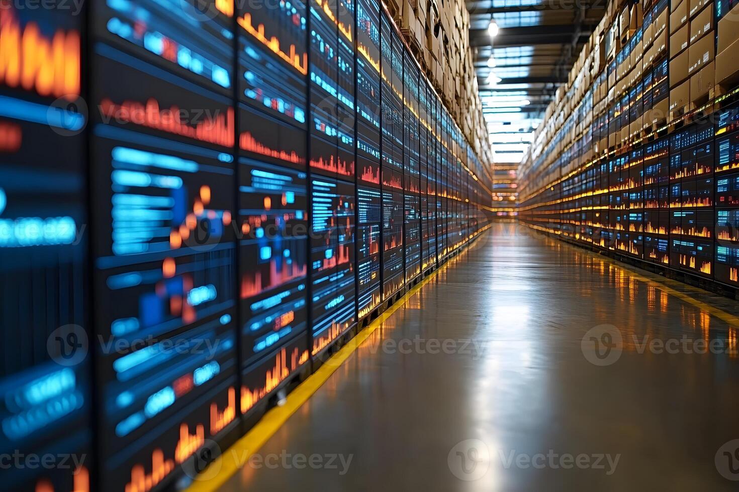 Futuristic Data Storage with Digital Graphs in a Modern Warehouse Setting photo