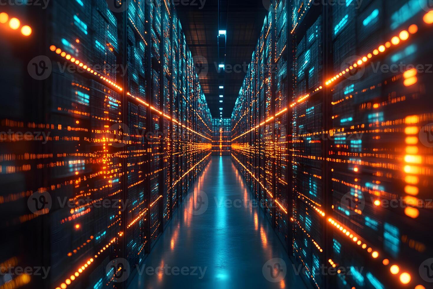 Futuristic Data Center Hallway with Glowing Server Racks for Technology and Network Concepts photo