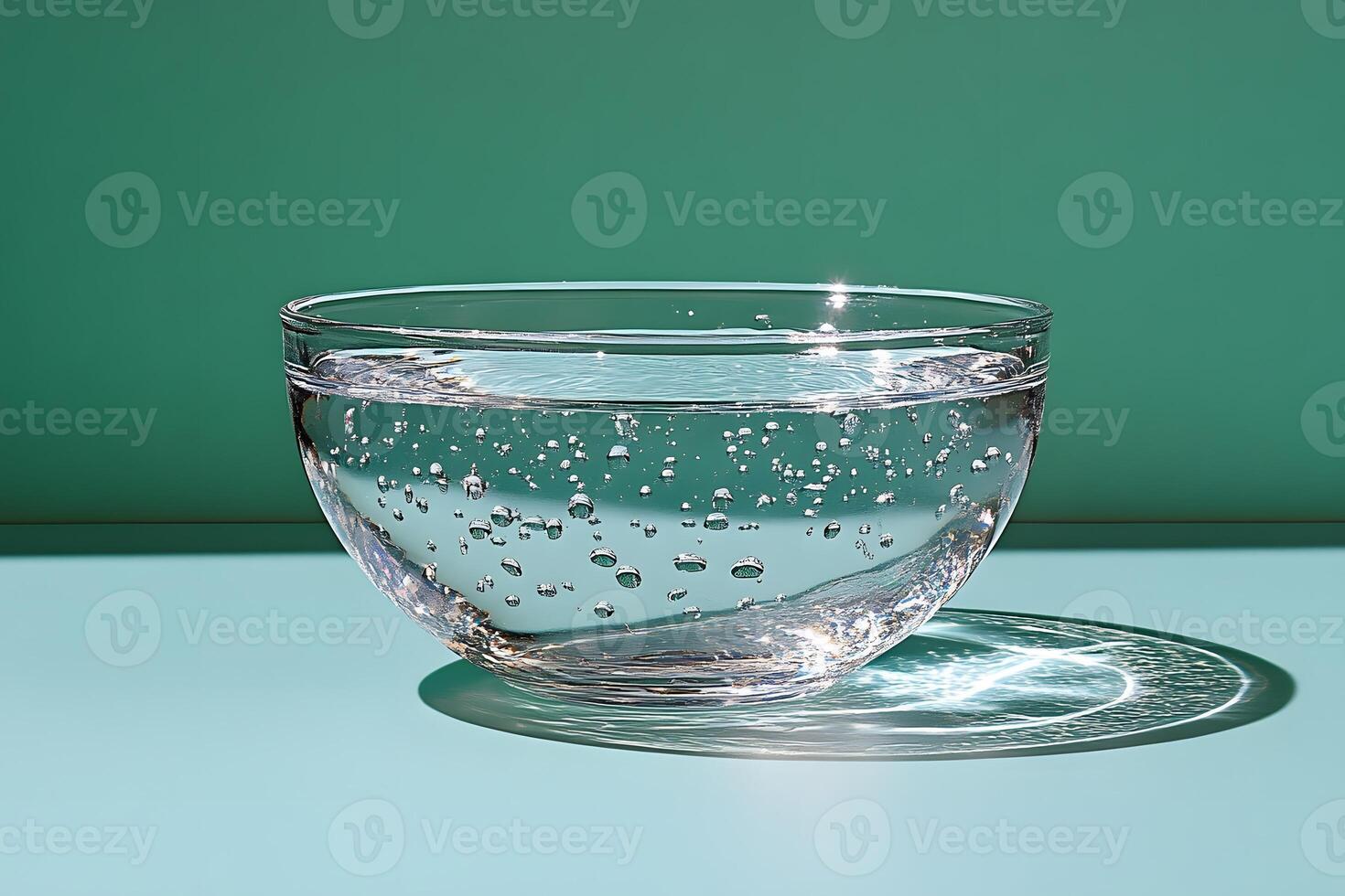 Clear Glass Bowl with Water and Bubbles Against a Teal Background - Minimalist Design photo