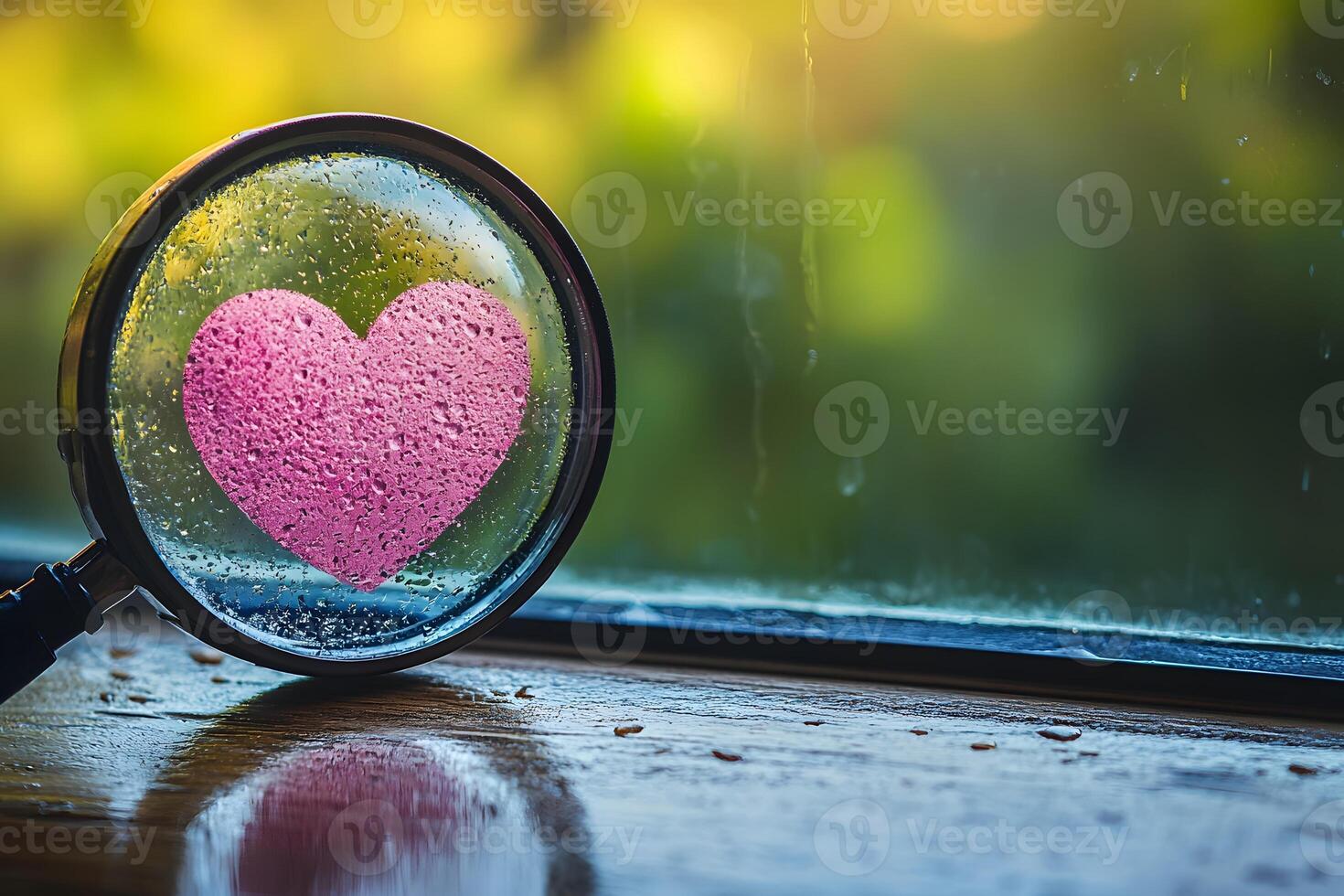 Love and Discovery Concept with Magnifying Glass in a Rainy Window Scene for Creative Design photo