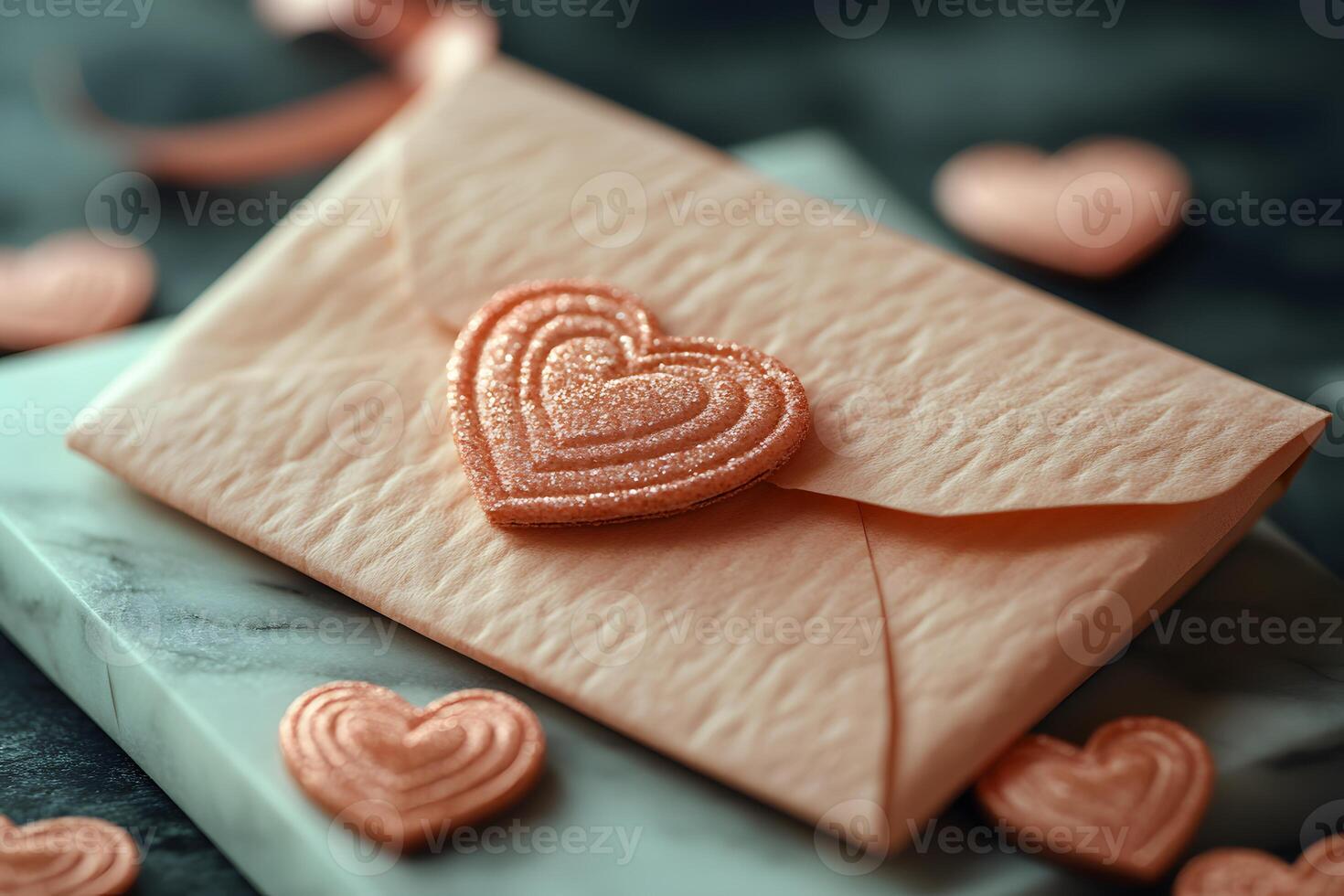 Elegant Valentine's Day Envelope with Heart Decor on Marble Surface photo