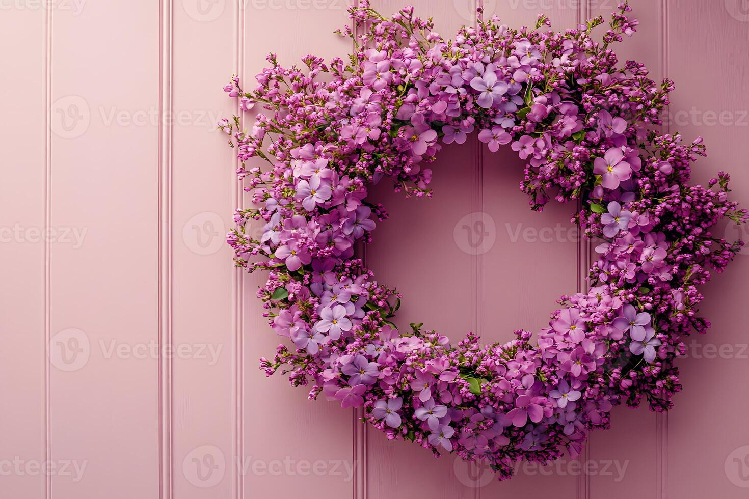 Elegant Spring Floral Wreath on Pink Wood Paneling for Seasonal Decoration Design photo