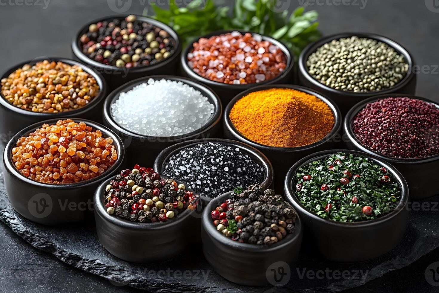 Variety of Colorful Spices and Seasonings in Bowls on Slate Background Kitchen Design Decorum photo