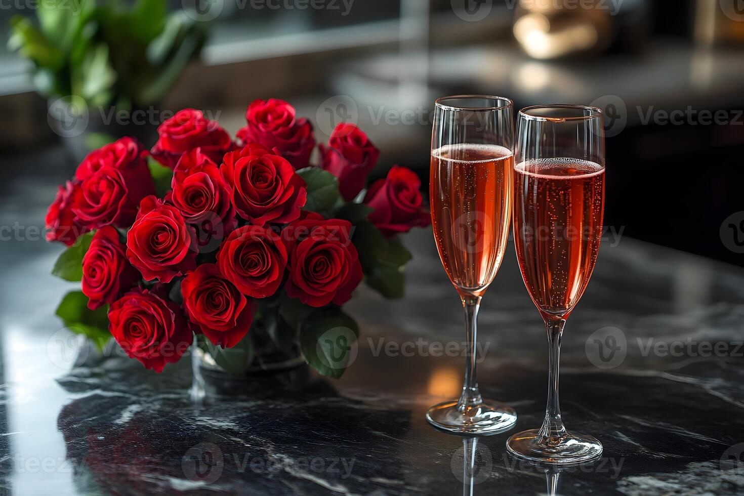 Elegant Romance Red Roses and Sparkling Ros on Marble Table for Special Celebrations photo