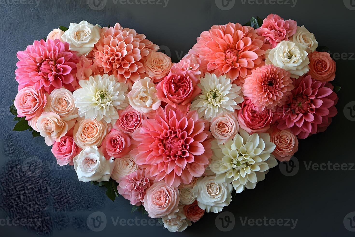 Heart-Shaped Floral Arrangement Featuring Pink, White, and Coral Roses for Romantic Decor photo