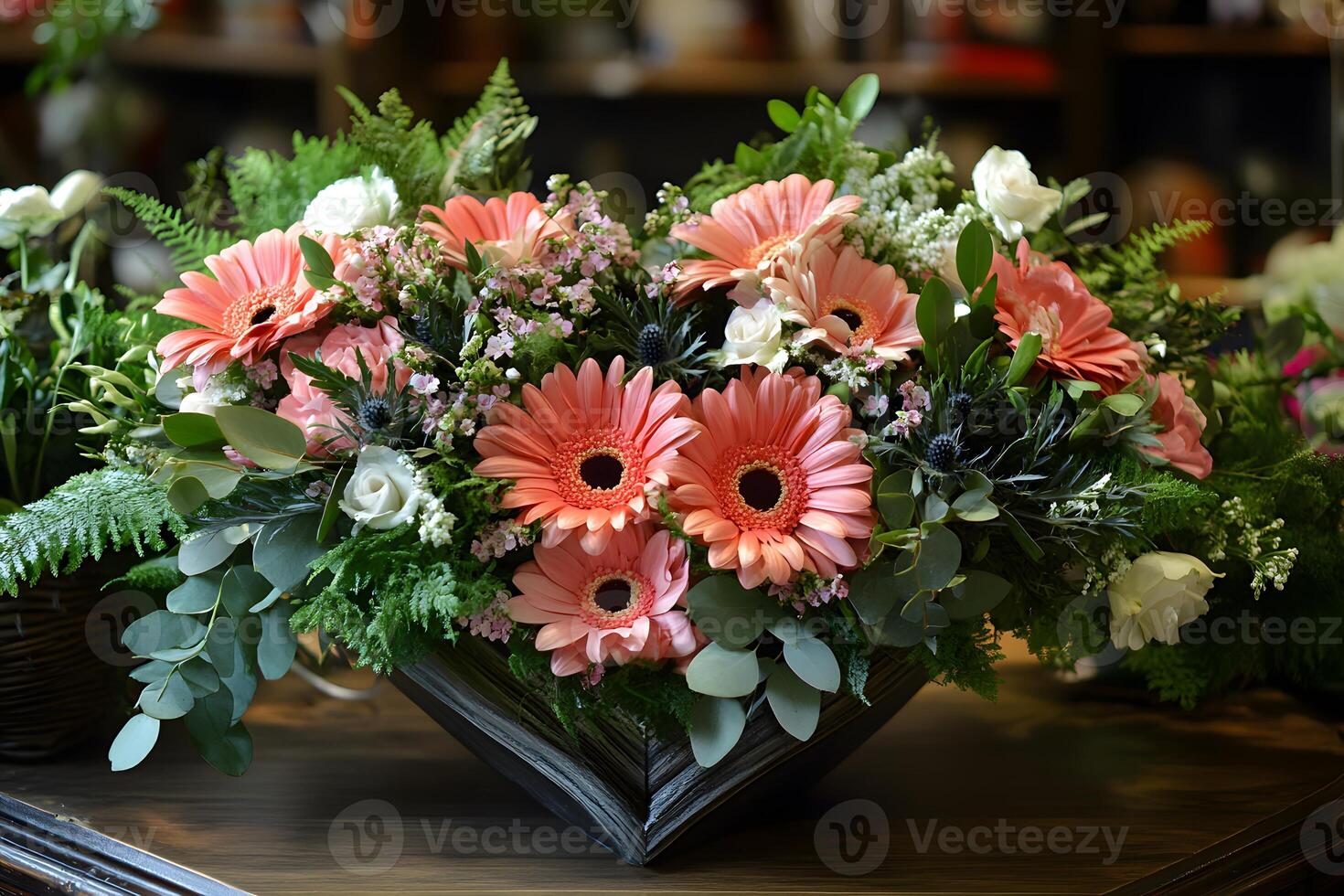 Vibrant Floral Arrangement with Pink Gerbera Daisies in Elegant Heart-Shaped Basket photo