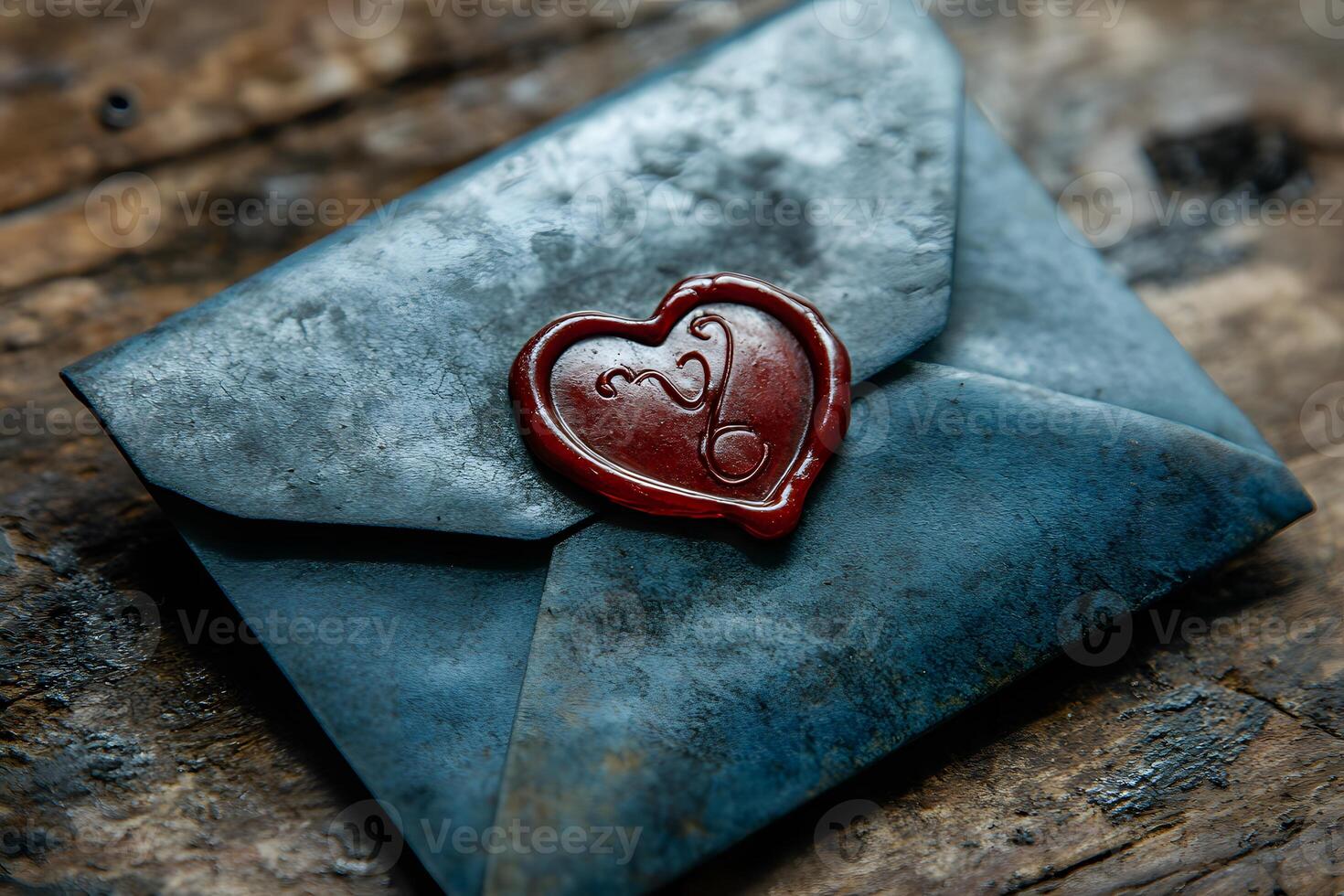 Vintage Love Letter with Heart Seal on Rustic Wooden Surface for Romance and Nostalgia photo