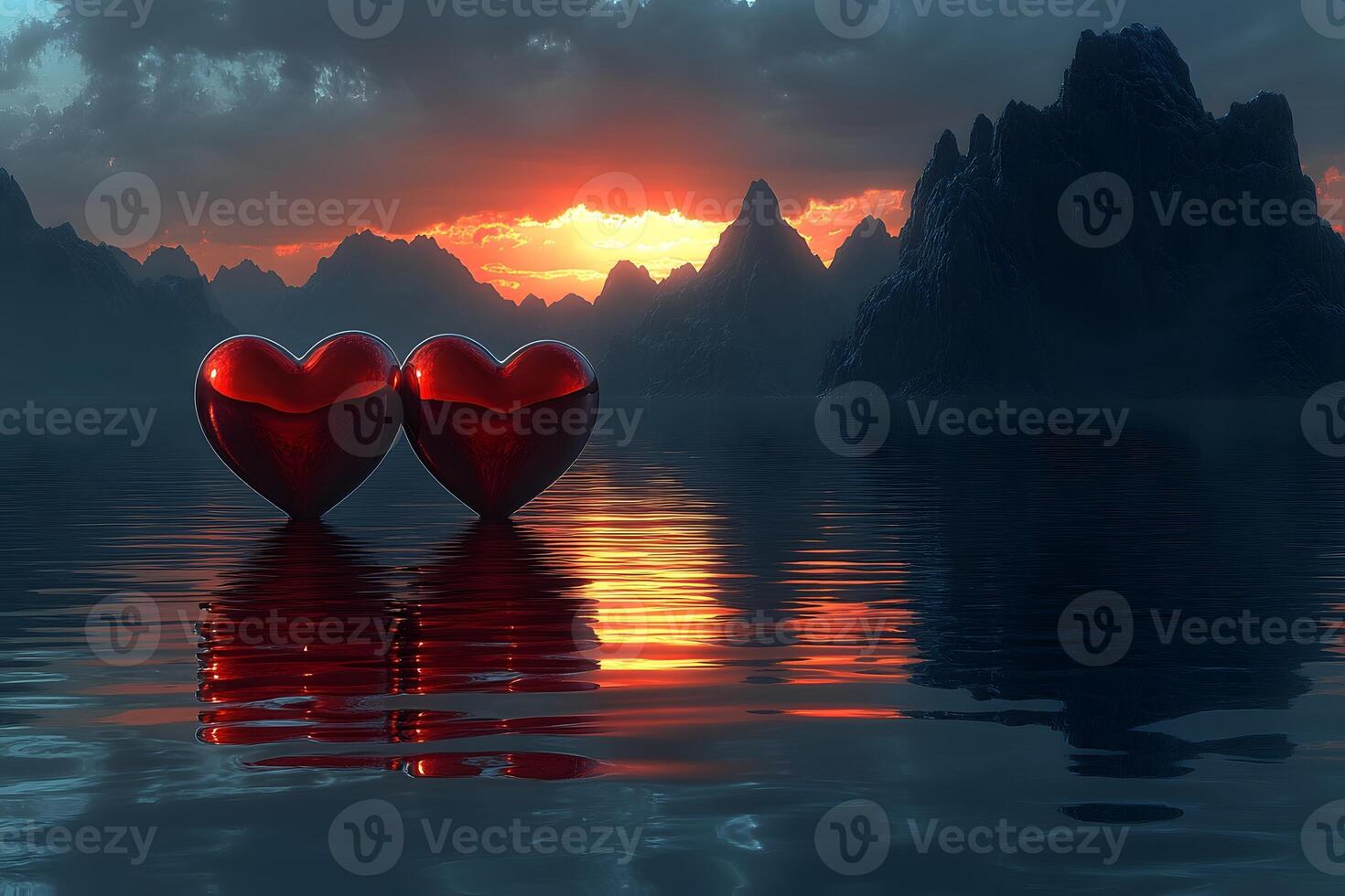 Romantic Sunset Reflection with Heart Shapes on Tranquil Lake photo