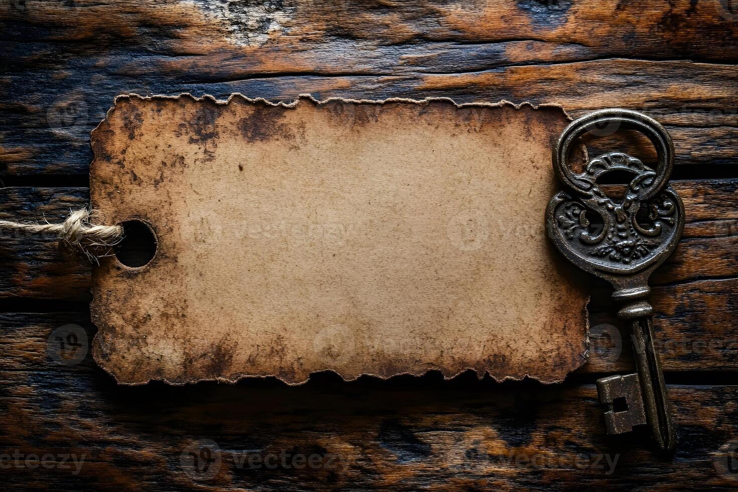 Vintage Key and Blank Rustic Tag on Weathered Wooden Background for Retro Design photo