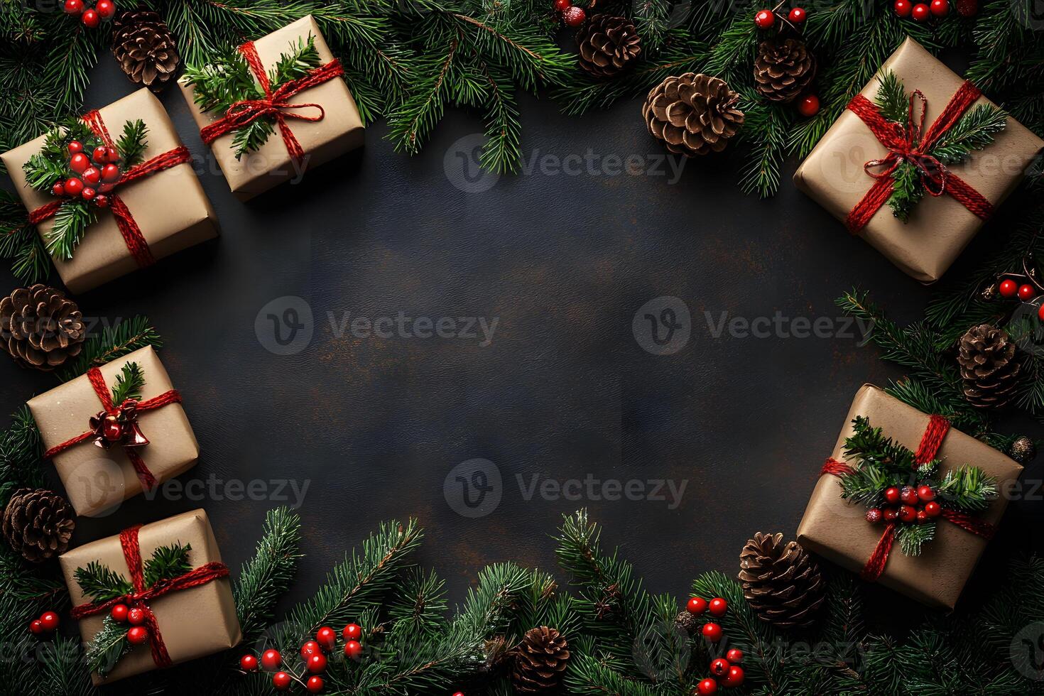 Rustic Christmas Gift Arrangement with Pine Cones and Evergreen Branches for Festive Design photo