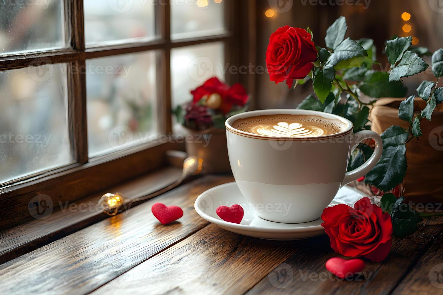 Cozy Valentine's Day Coffee Scene with Heart Decorations and Red Roses by a Window photo