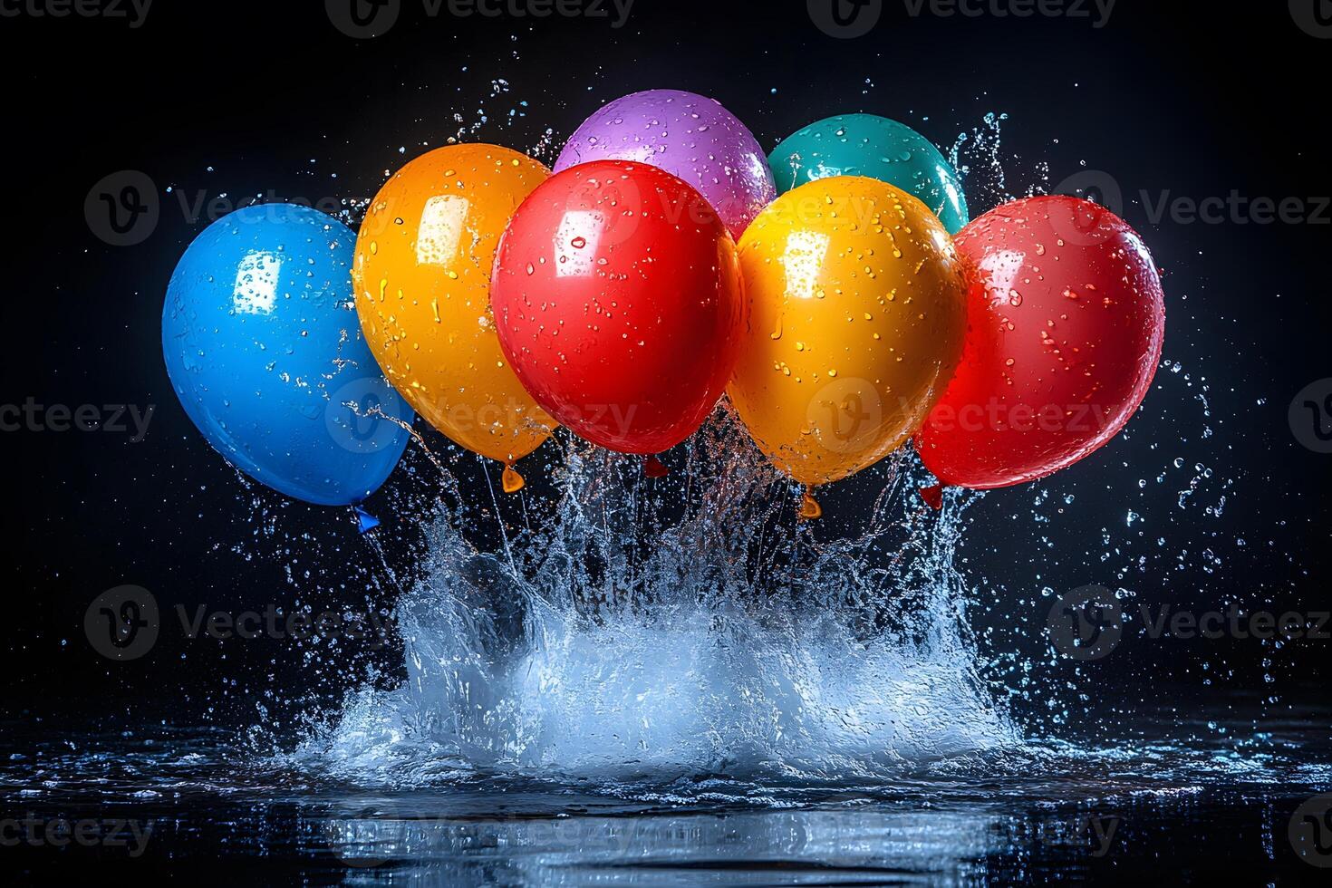 Vibrant Balloons Burst with Water in High-Contrast Dramatic Scene photo