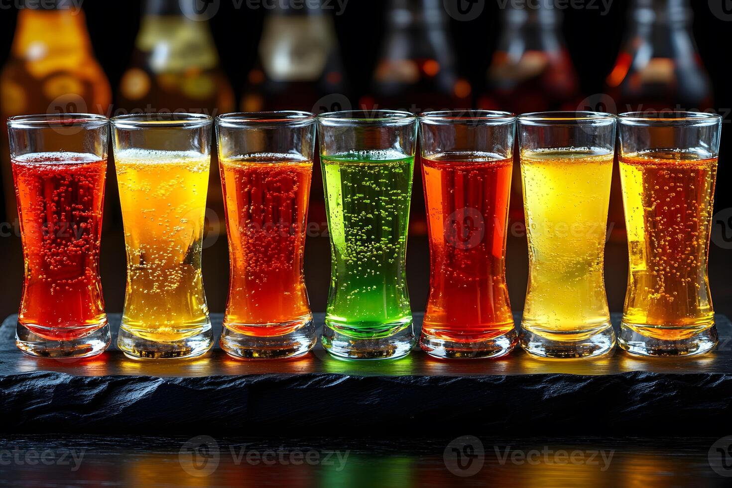 Colorful Assortment of Fizzy Beverages in Tall Glasses for Refreshing Summer Events photo