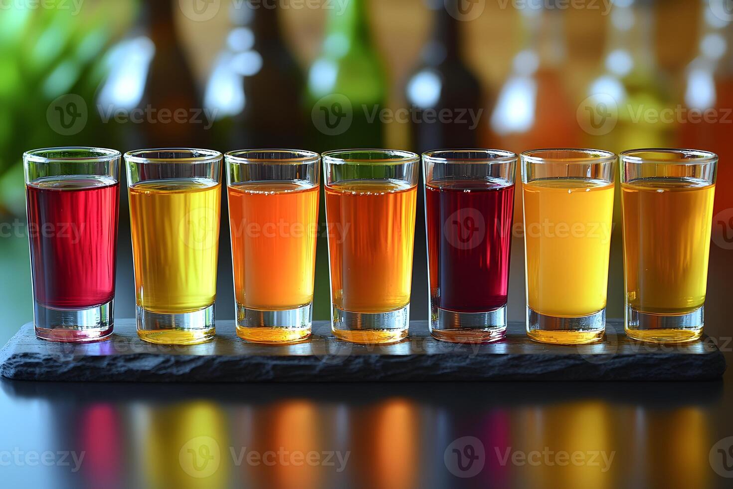 Colorful Assorted Fruit Juice Shots on Slate Tray for Refreshing Beverage Presentation photo