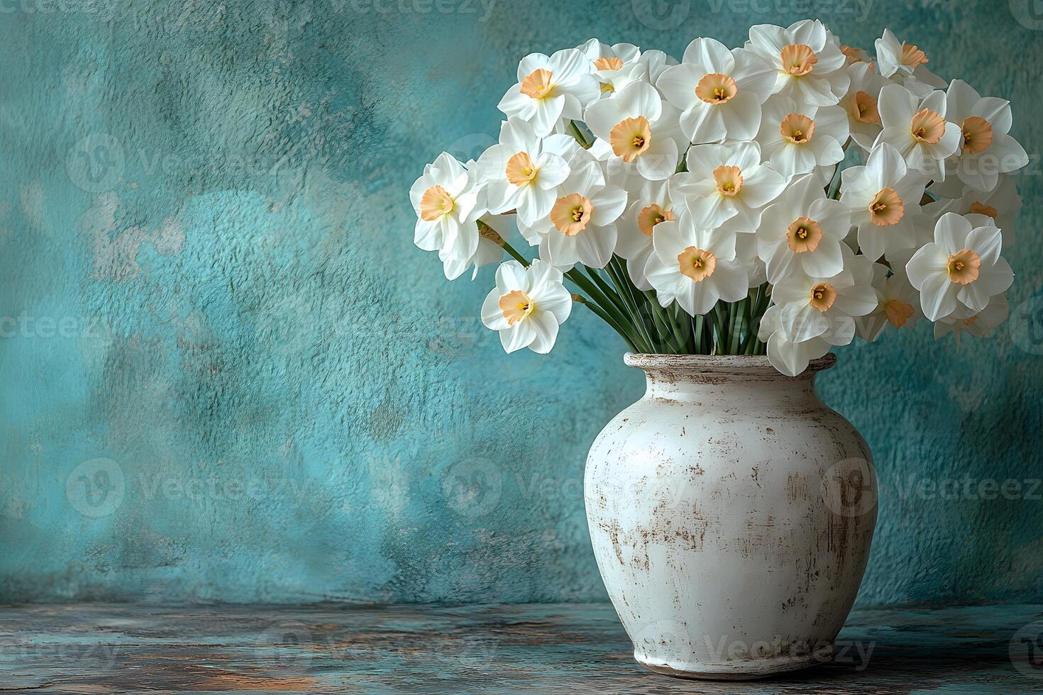 Elegant Spring Daffodils in Rustic Vase Against Textured Turquoise Background photo