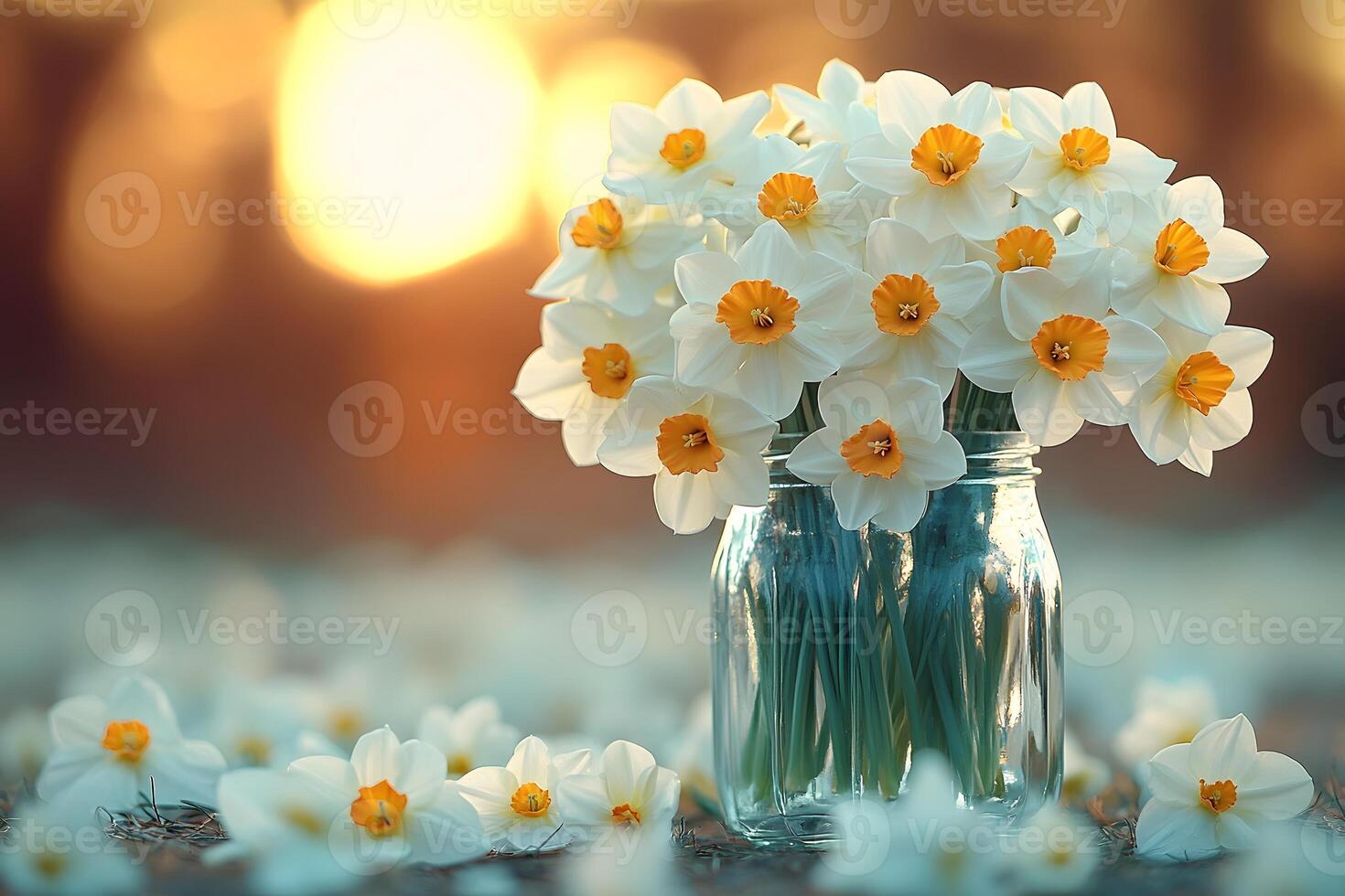 Daffodils in Glass Jar at Sunset Spring Blooms for Tranquil Decor photo