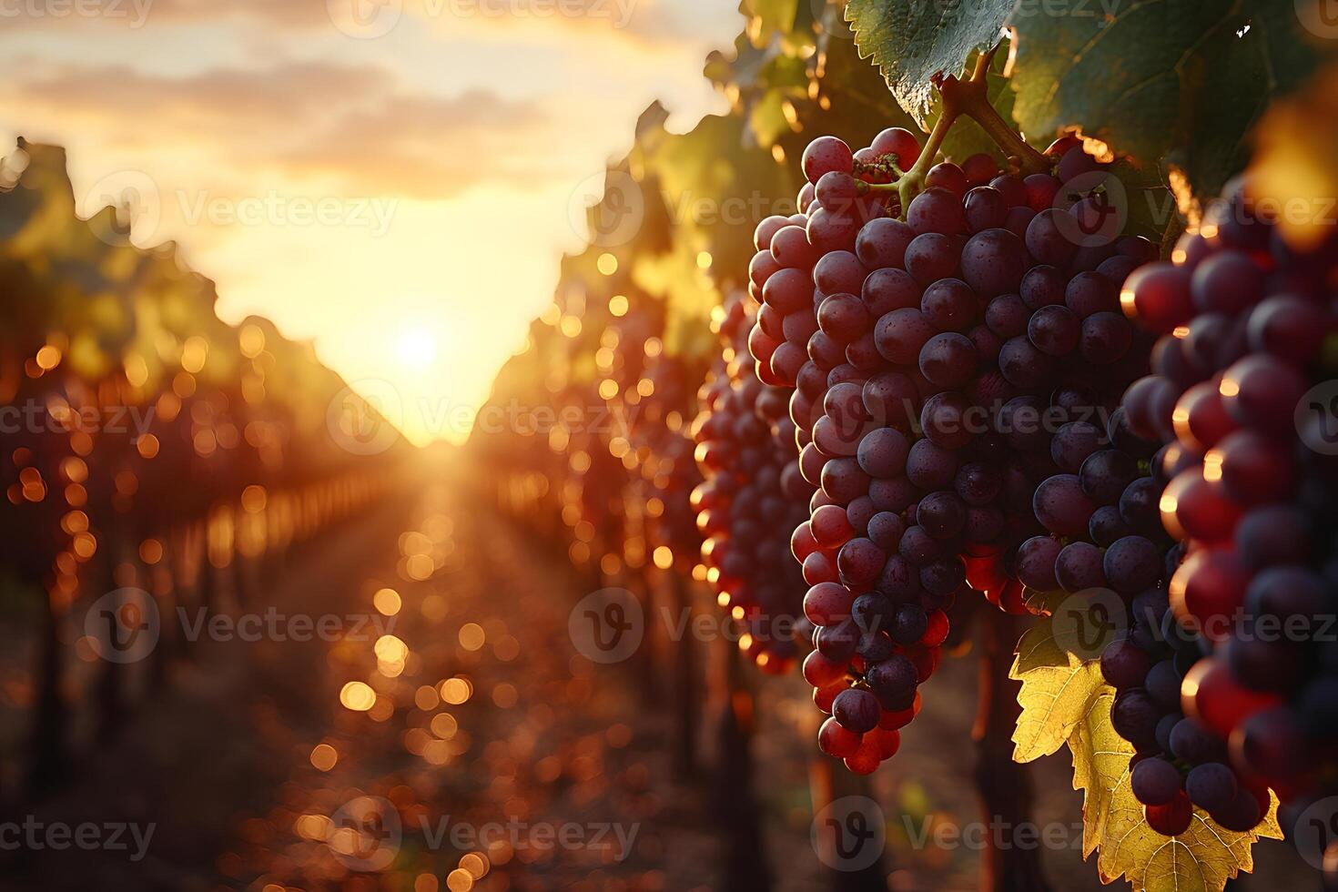 Sunset Vineyard Harvest Lush Grape Clusters at Golden Hour for Wine Design photo