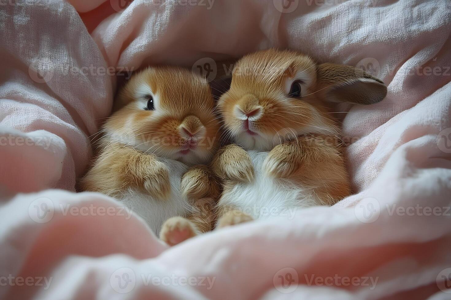 Cute Baby Bunnies Snuggling in Soft Pink Blanket - Perfect for Easter and Spring Greeting Cards photo