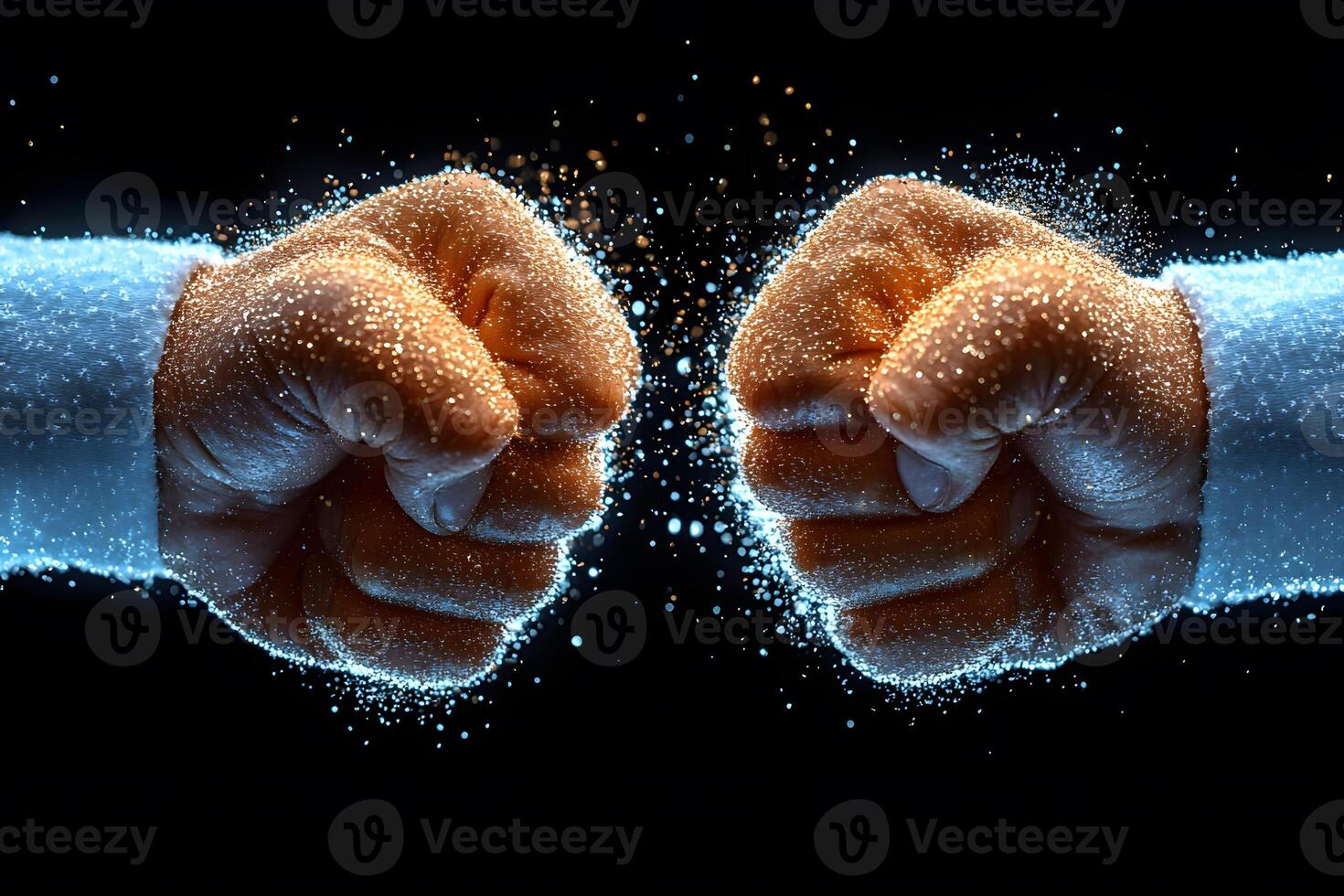 Dynamic Energy Exchange Concept with Two Fists Bumping in Vibrant Particle Explosion photo