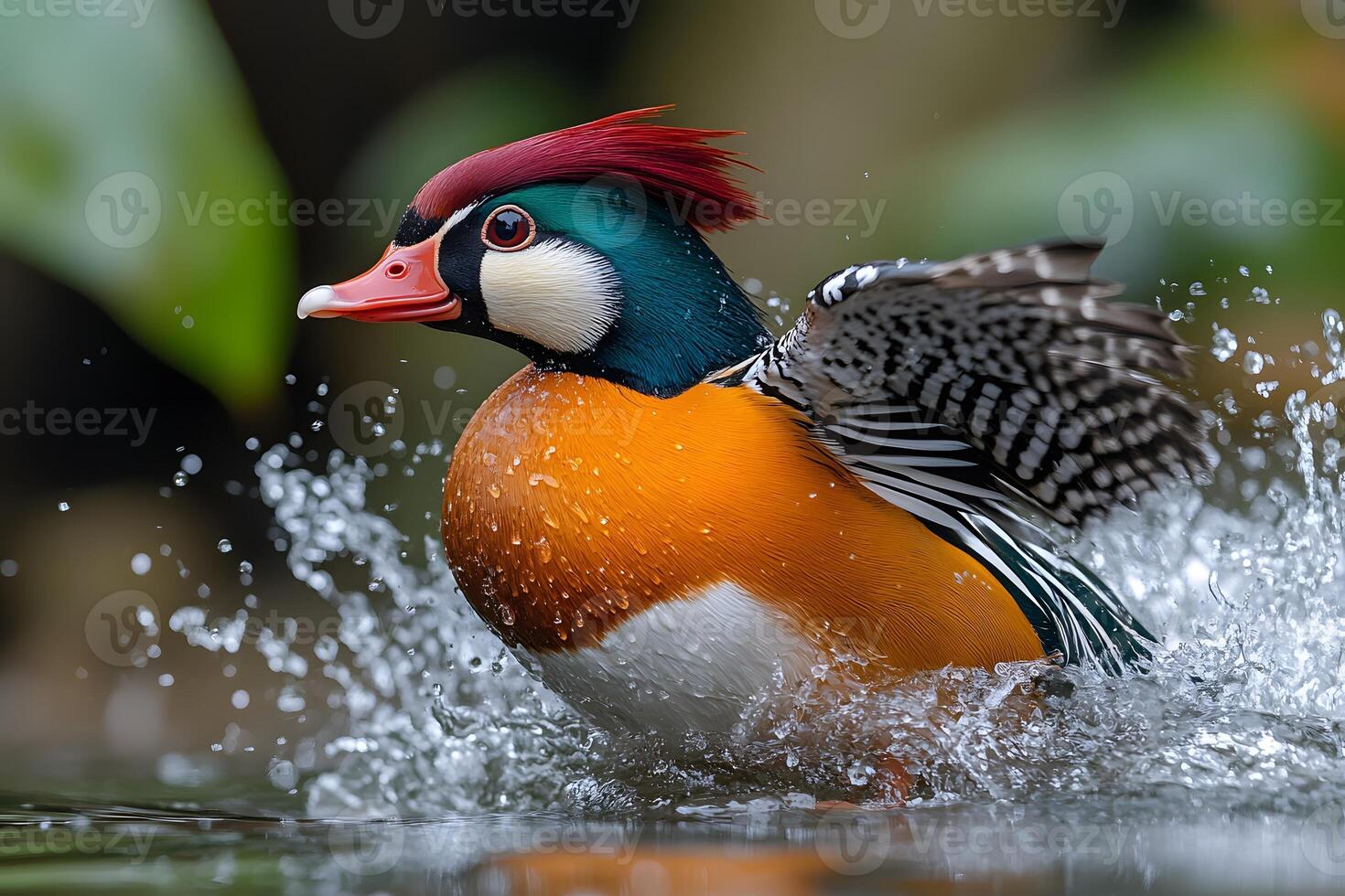 Vibrant Mandarin Duck Splashing in Natural Pond Habitat photo