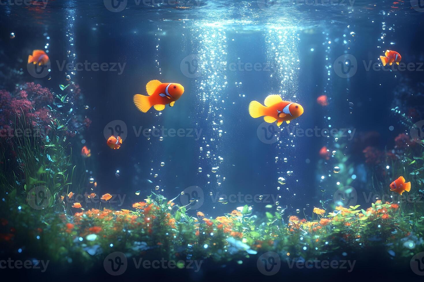 Tropical Underwater Scene with Clownfish and Sunlit Bubbles - Marine Life Illustration photo
