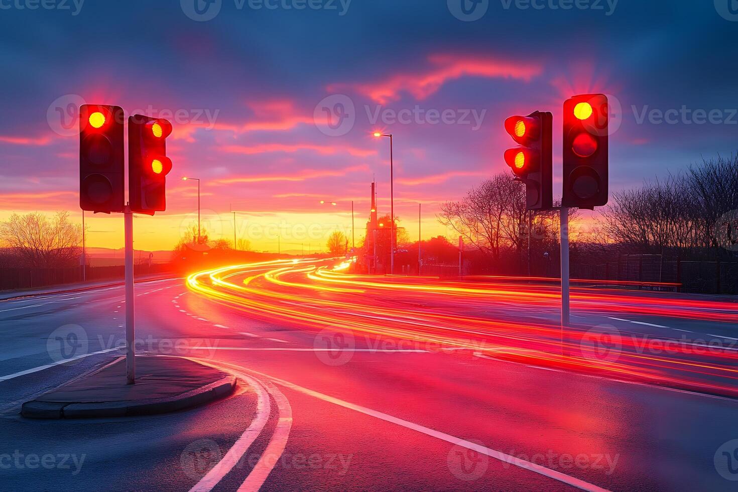 Dynamic Urban Intersection at Sunset with Traffic Light Streaks for Prints and Posters photo