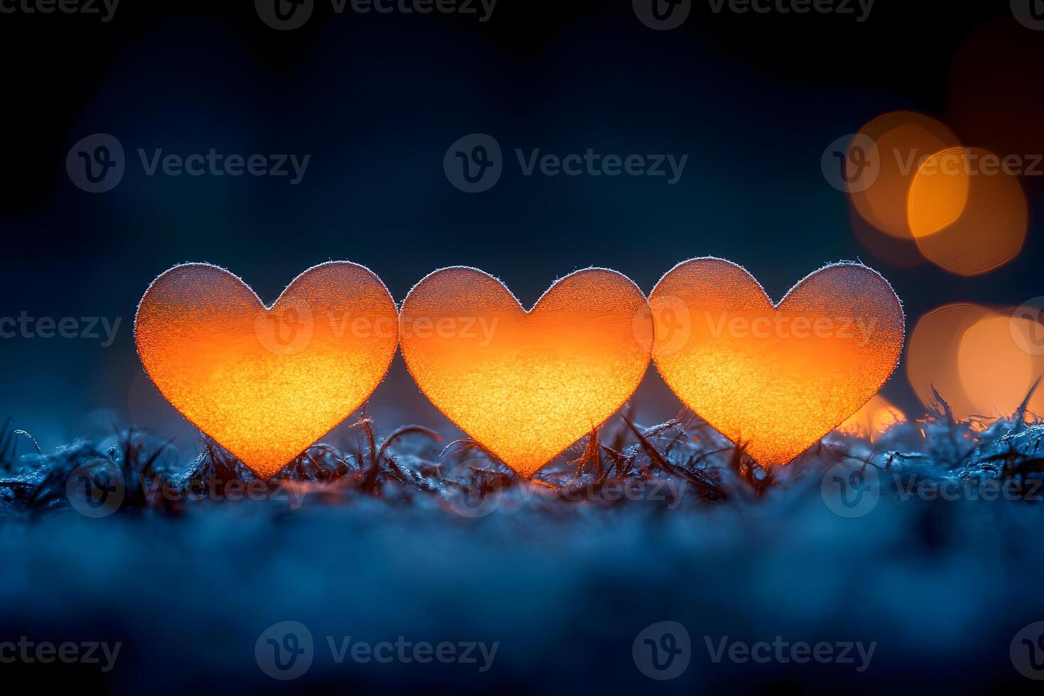 Glowing Hearts in Frosty Setting - Romantic Winter Evening Atmosphere for Valentine's Day photo