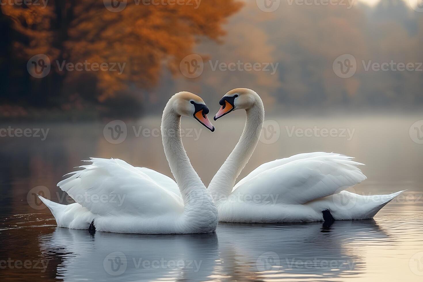 Romantic Autumn Lake with Swans Forming a Heart Shape - Serene Nature Scene photo