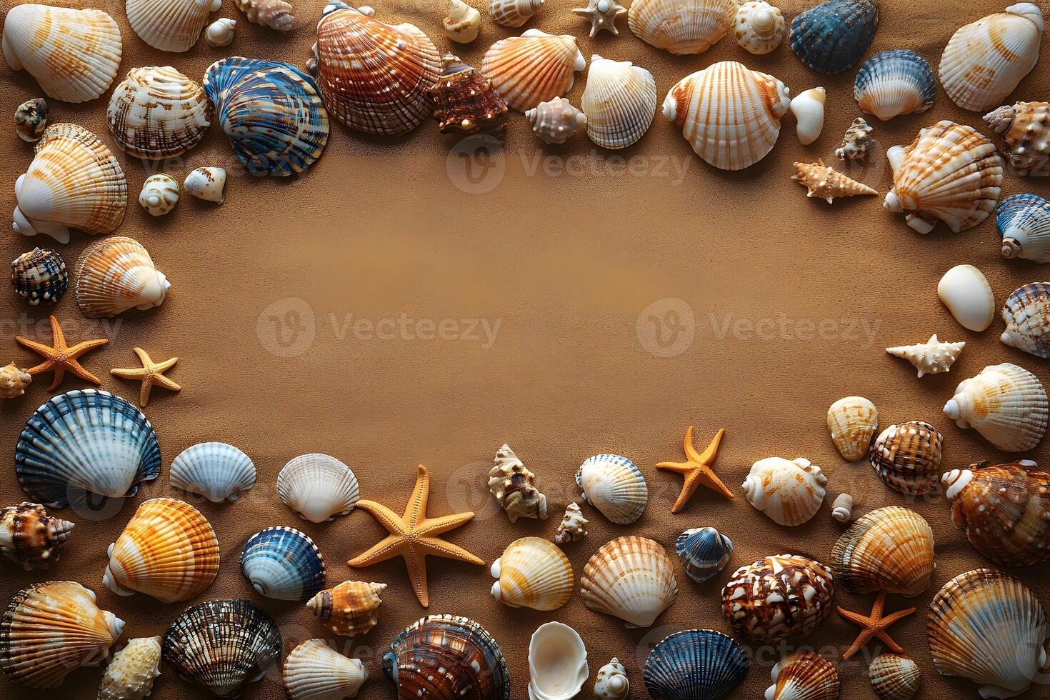 Seashell and Starfish Border on Sandy Background for Beach-Themed Designs photo
