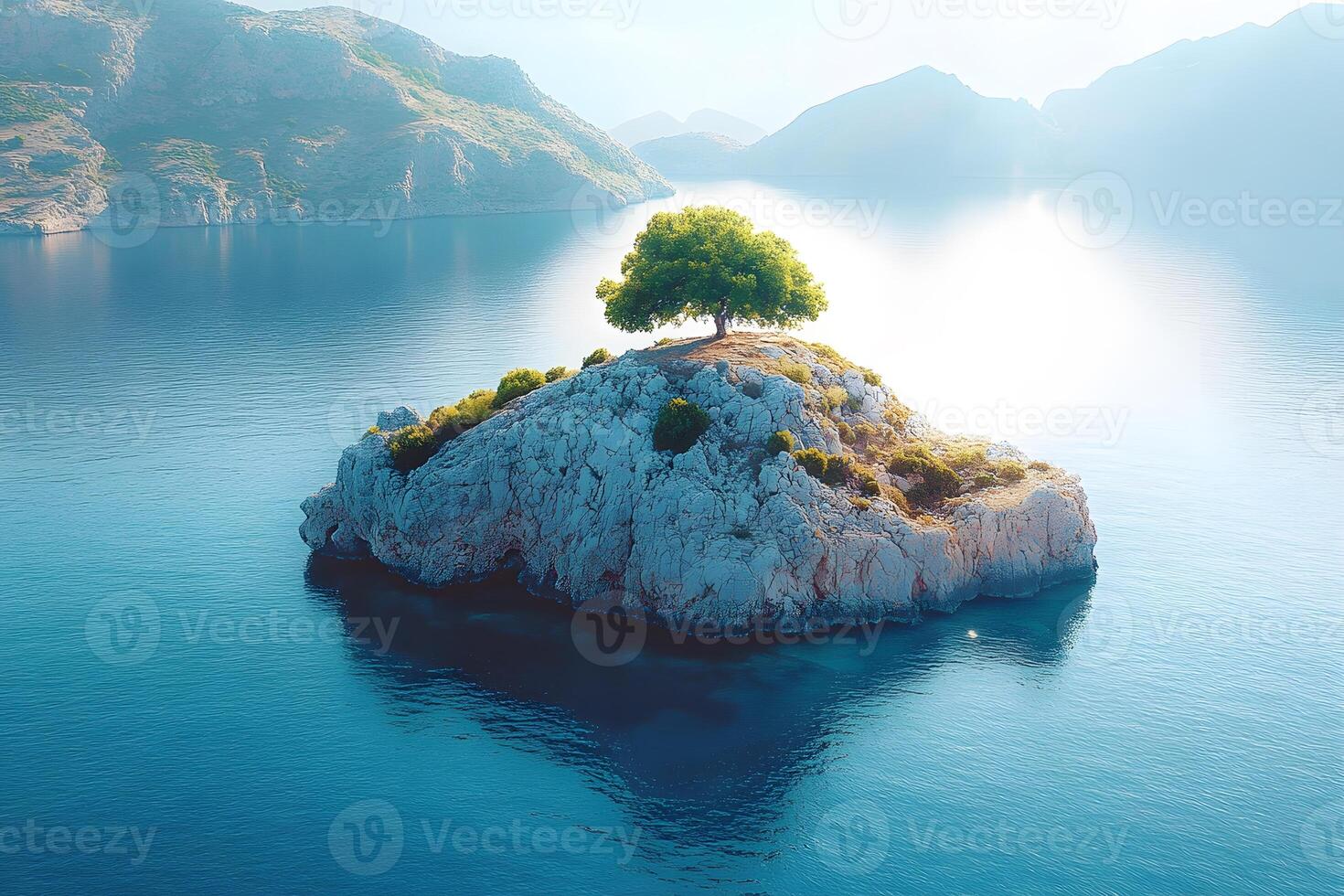 Tranquil Island with Lone Tree in Serene Blue Waters for Nature Posters photo