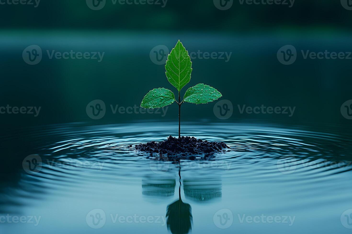 Fresh Start Young Plant in Serene Water Ripple Setting for Nature and Growth Concepts photo