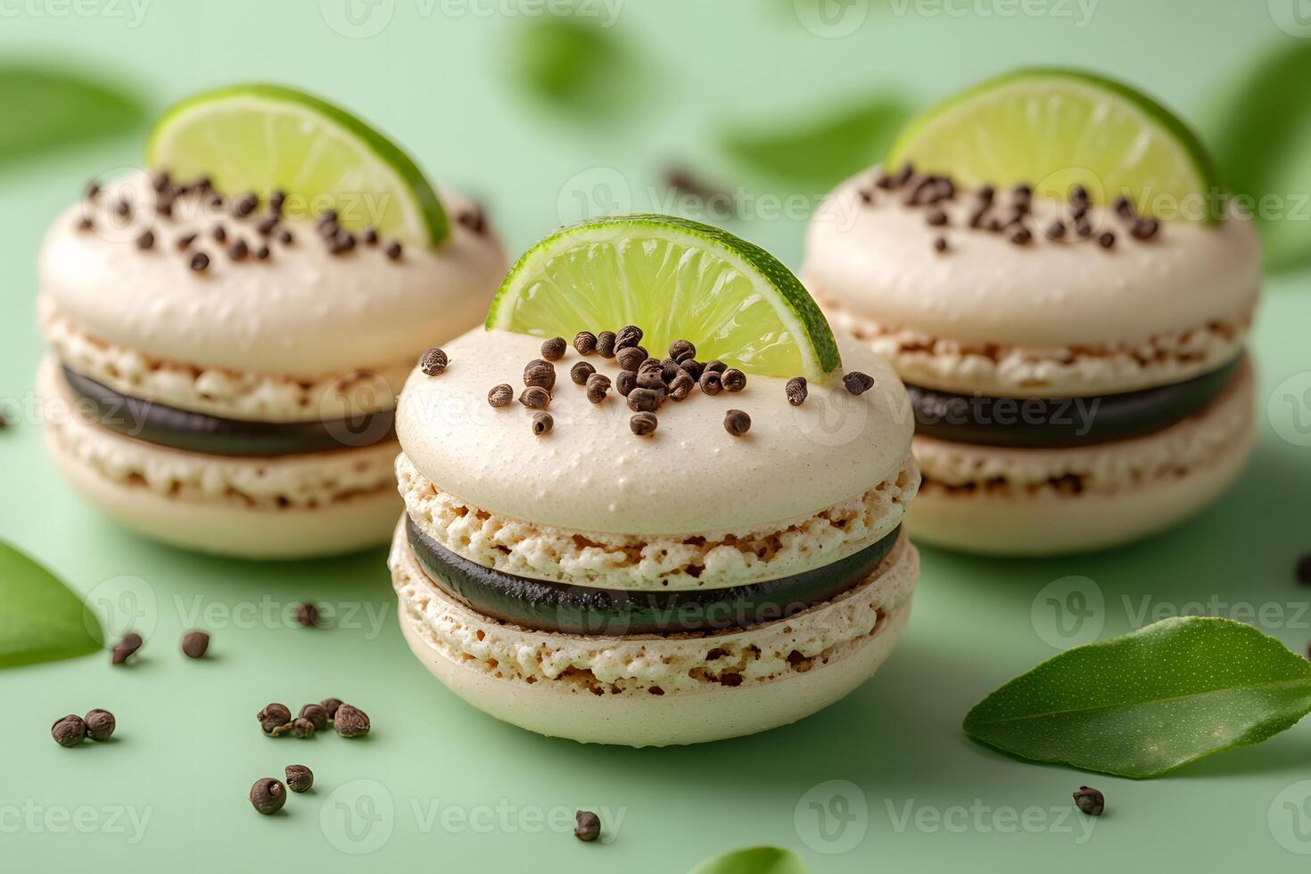 Gourmet Lime Macarons with Chocolate Filling and Peppermint Decor on Pastel Green Background photo