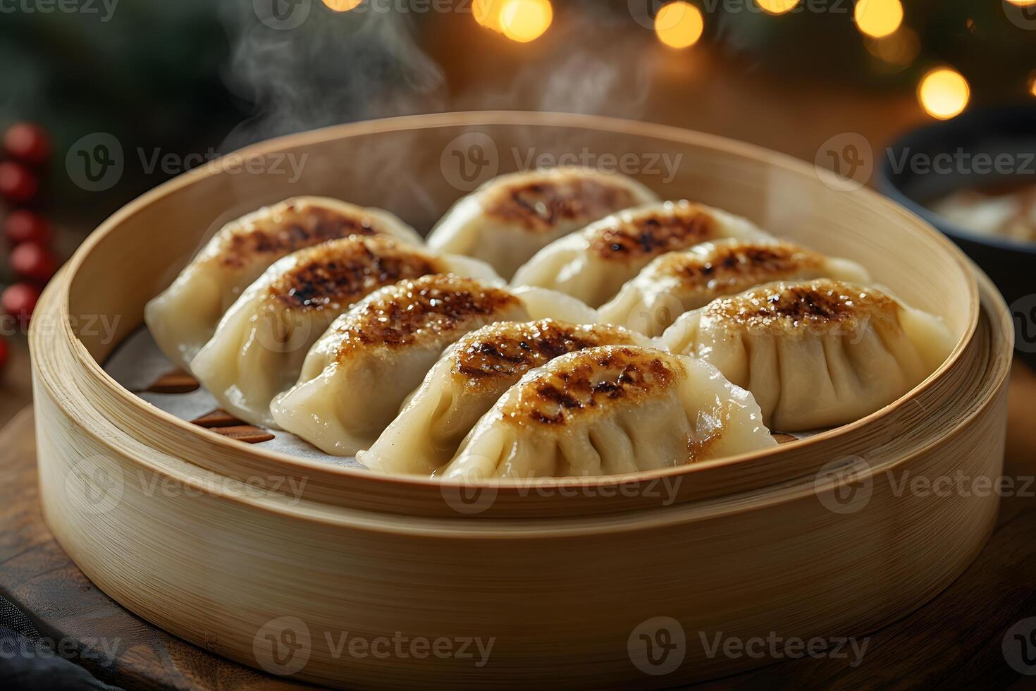 Steamed Dumplings in Bamboo Basket with Steaming Effect for Culinary Delights photo