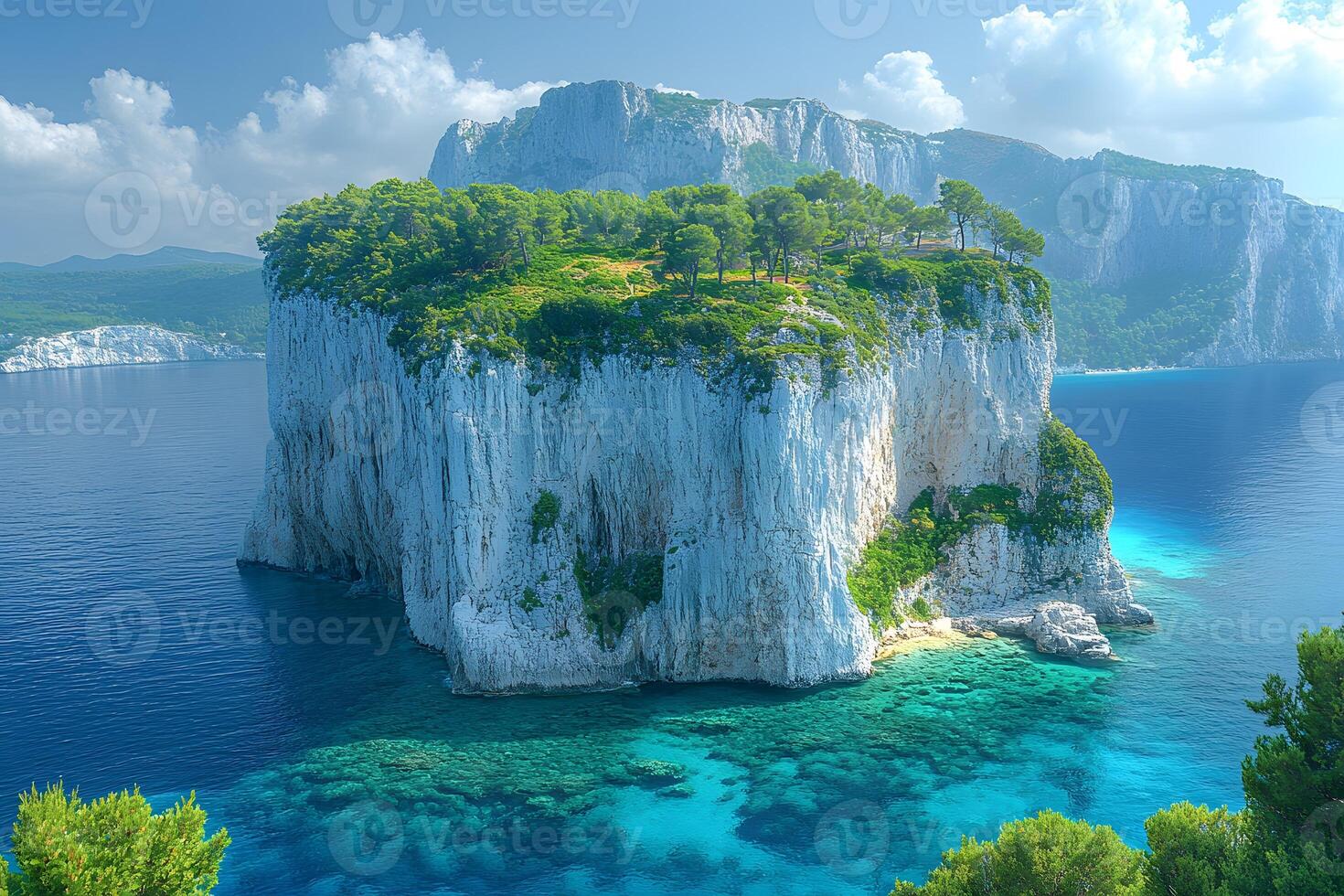 Serene Island Cliff with Lush Greenery and Turquoise Waters Ideal for Nature Retreats photo