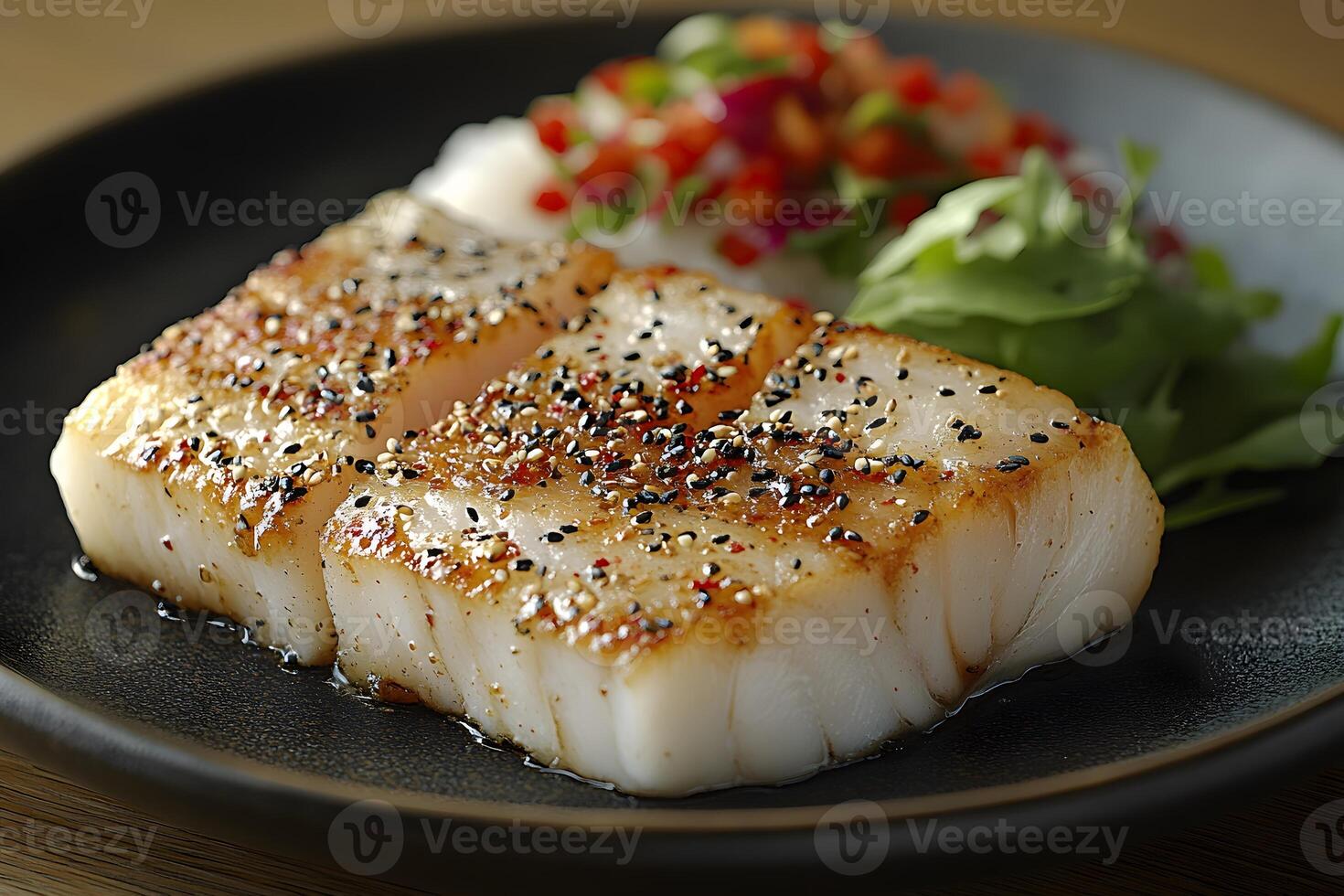 Gourmet Grilled Fish with Seasoned Vegetables on a Ceramic Plate for Culinary Presentation photo