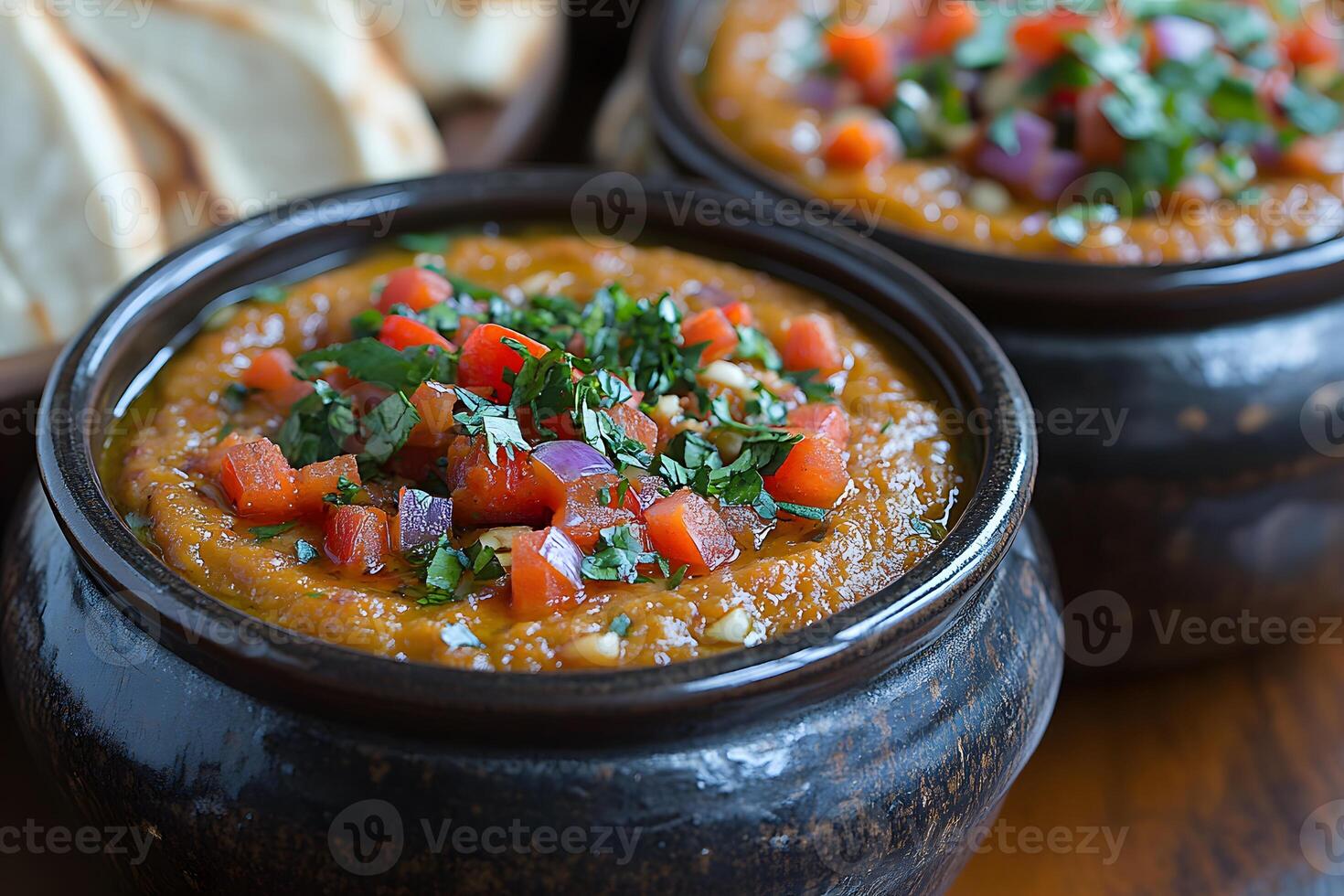 Hearty Lentil Soup with Fresh Vegetables Garnished with Herbs in Rustic Bowls photo