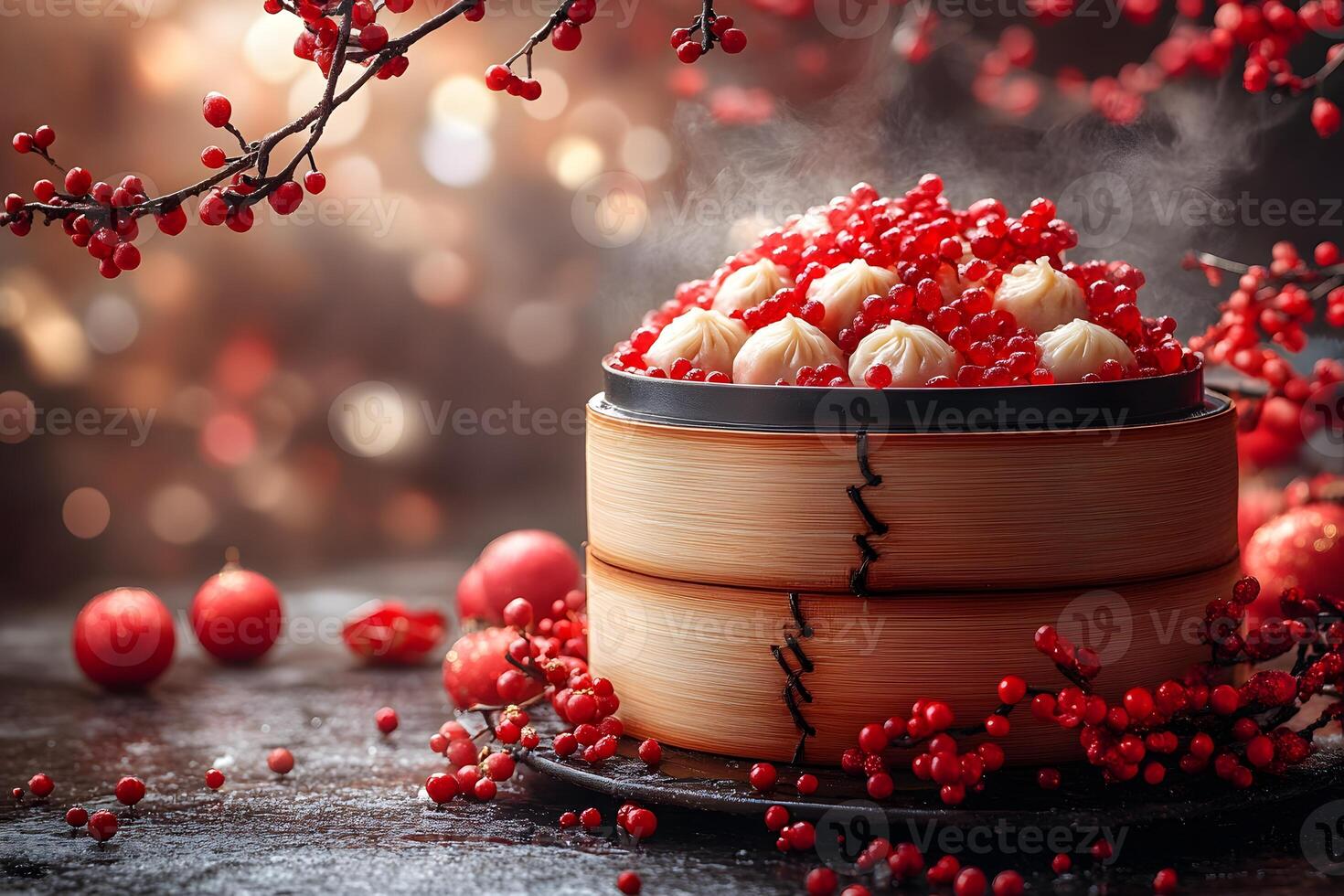 Festive Winter Dumplings with Steaming Berries in Bamboo Steamer for Holiday Celebration photo